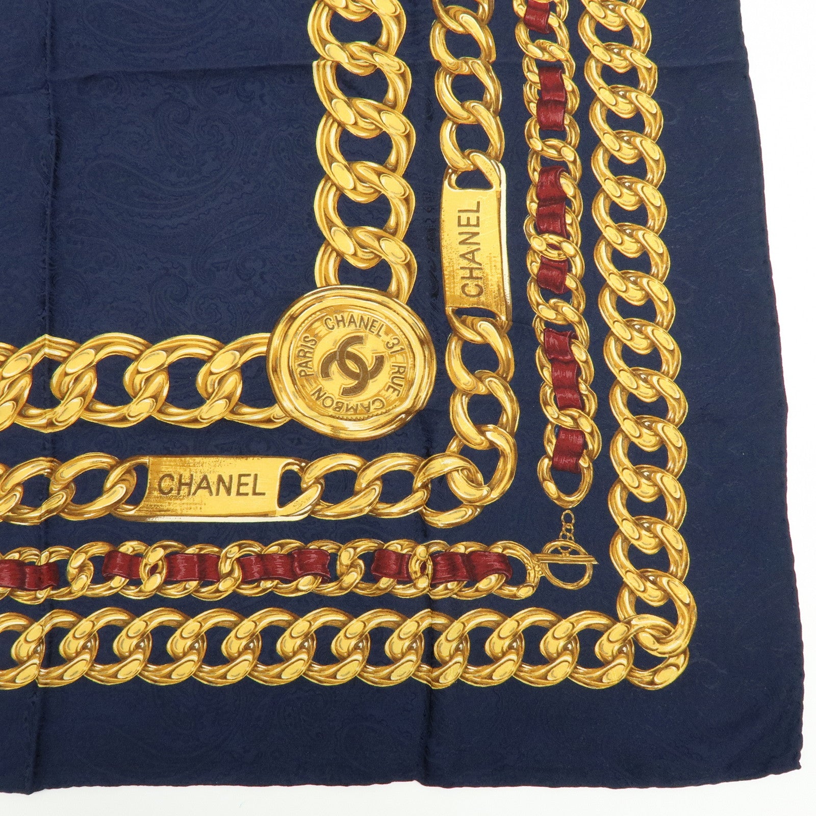 CHANEL COCO Mark Silk 100% Scarf Chain Motif Navy Gold