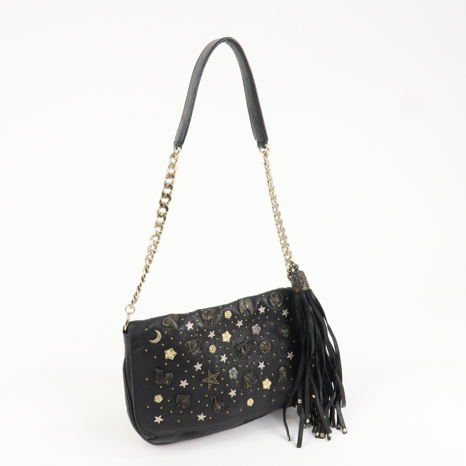 JIMMY CHOO Zodiac Leather Studs Shoulder Bag Black Gold HDW Used