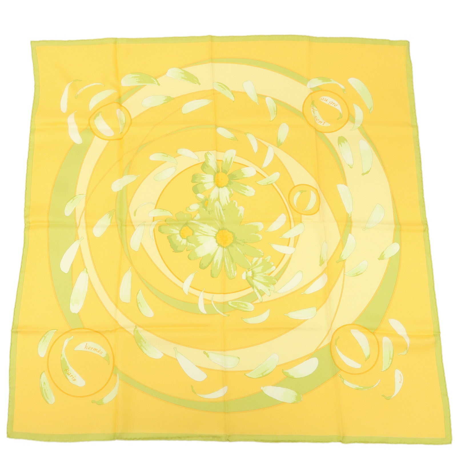 HERMES Carre 90 Silk 100% Scarf Au Gre Du Ven Yellow Light Green Used