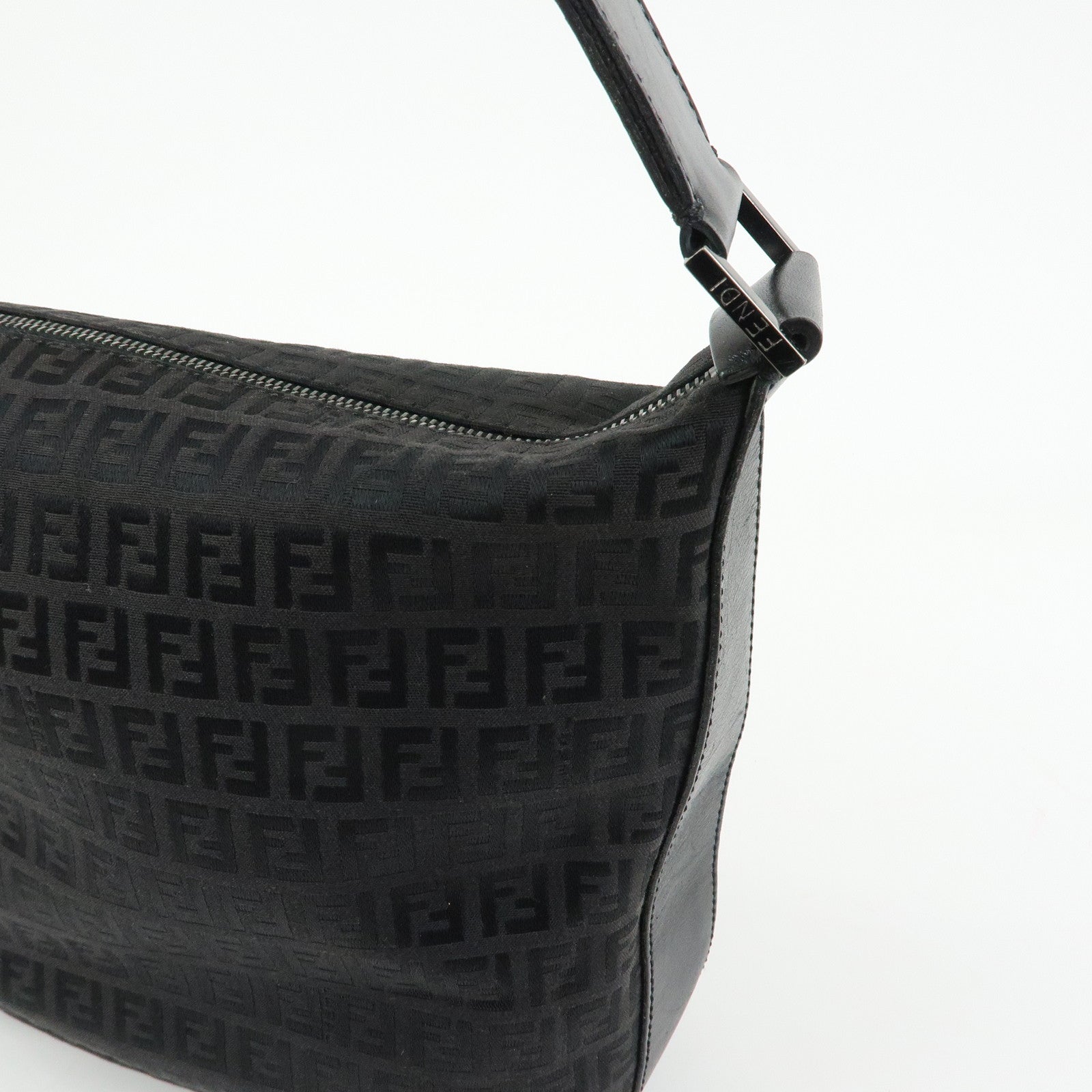 FENDI Zucchino Canvas Leather Shoulder Bag Black 7VA004