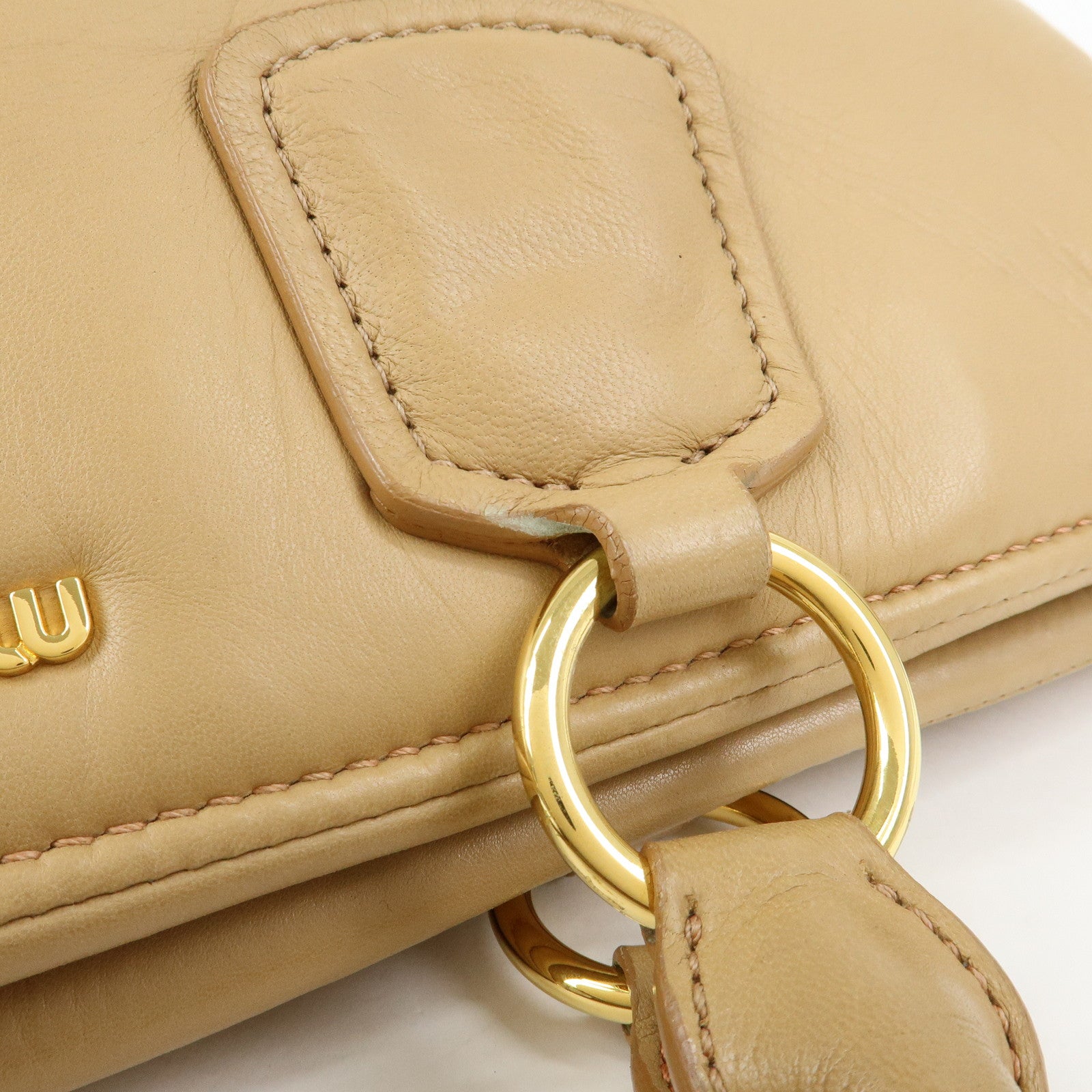 MIU MIU Logo Leather Hand Bag Boston Bag Beige