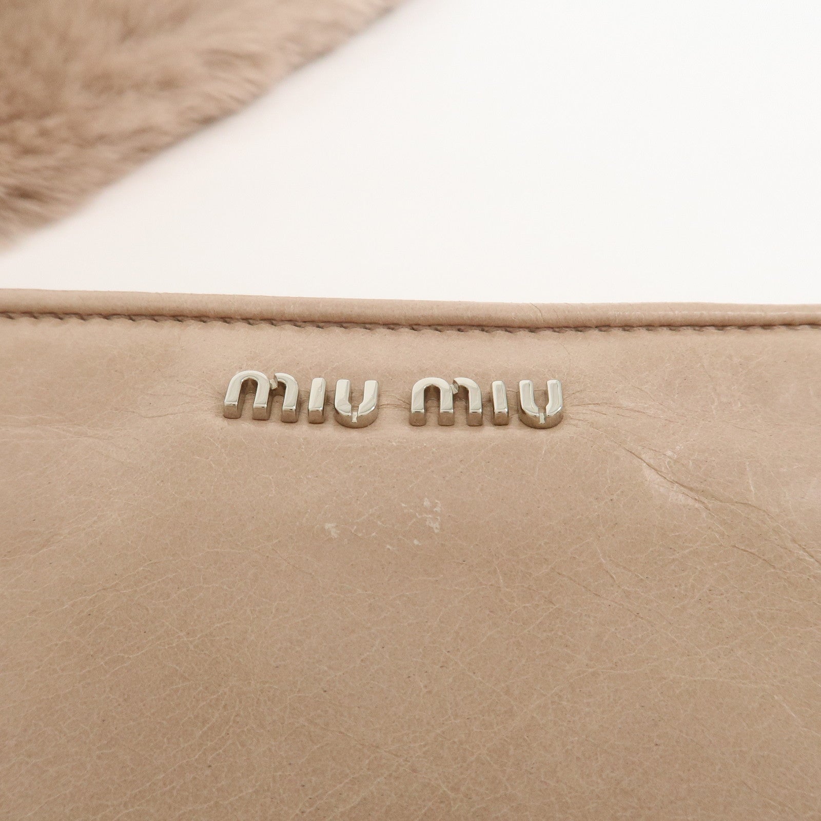 MIU MIU Leather Fur Clutch Bag Pouch Pink Beige 5NH811