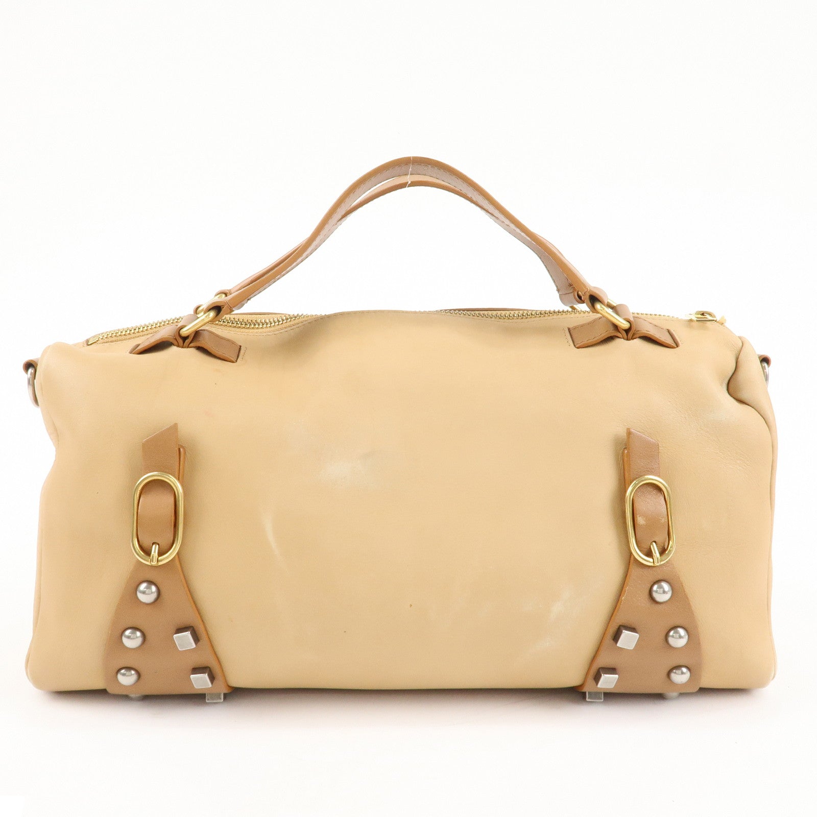 CELINE Leather 2Way Boston Bag Shoulder Bag Beige Brown Used