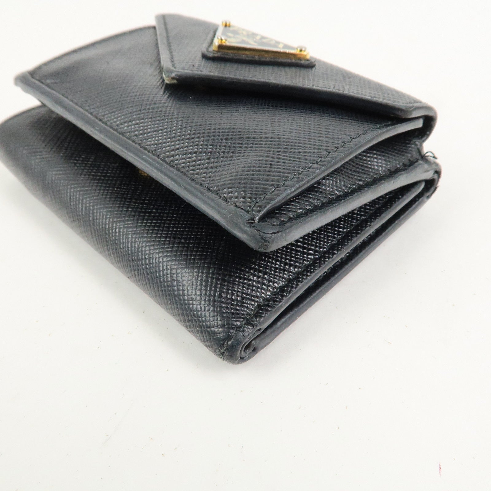PRADA Triangle Logo Saffiano Leather Tri-fold Wallet Black 1MH021