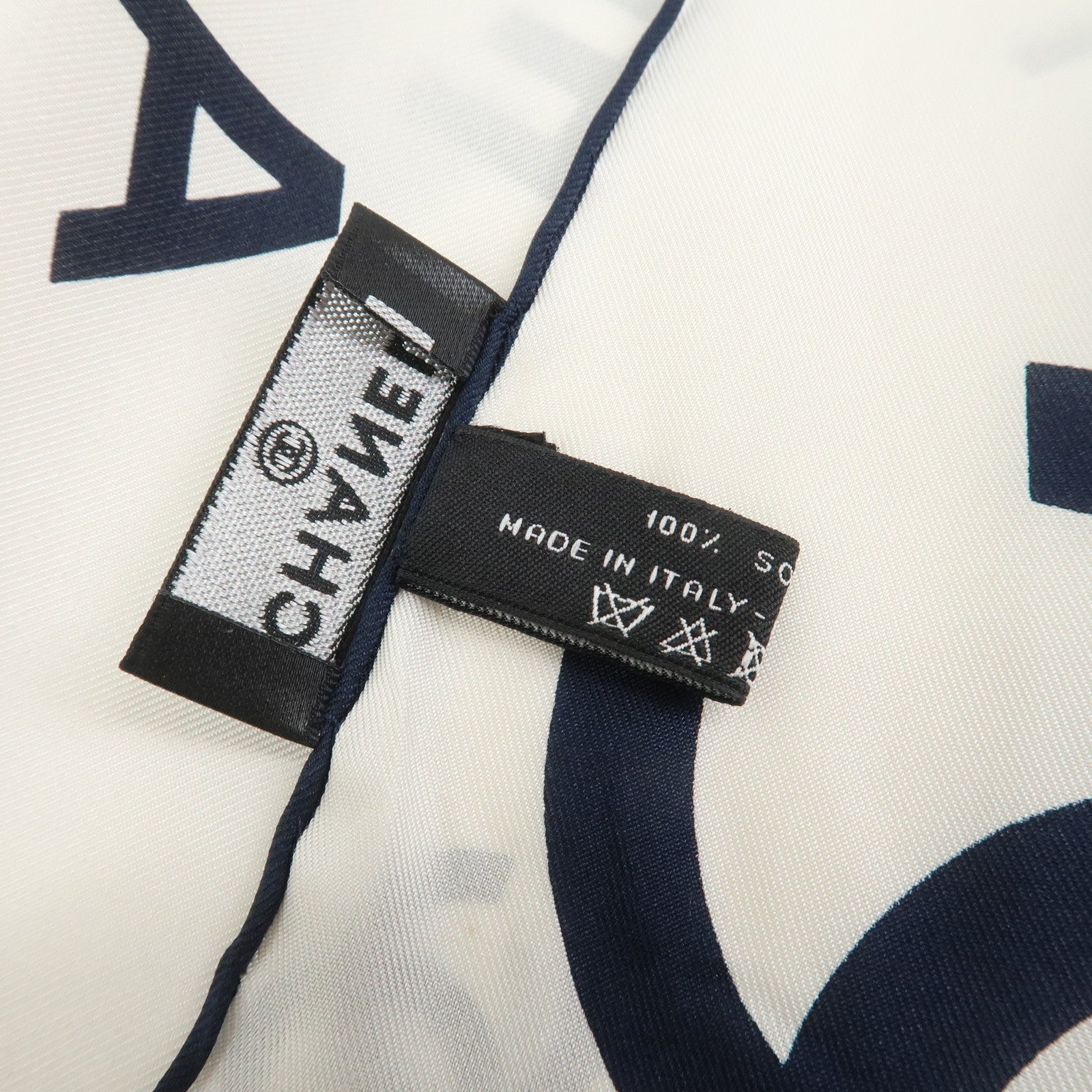 CHANEL COCO Mark Silk 100% Scarf White Navy