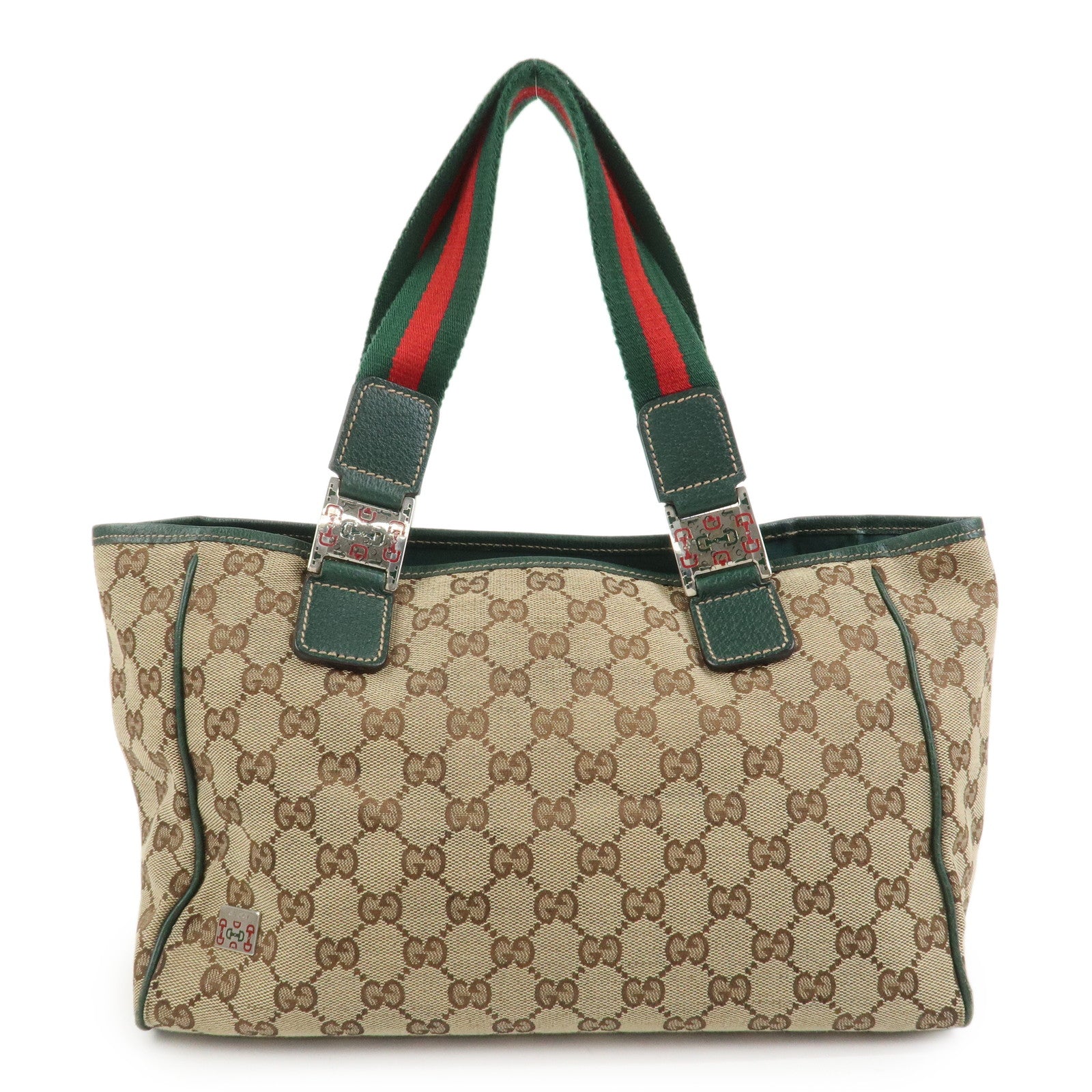 GUCCI Sherry GG Canvas Leather Hand Bag Brown Green 145810