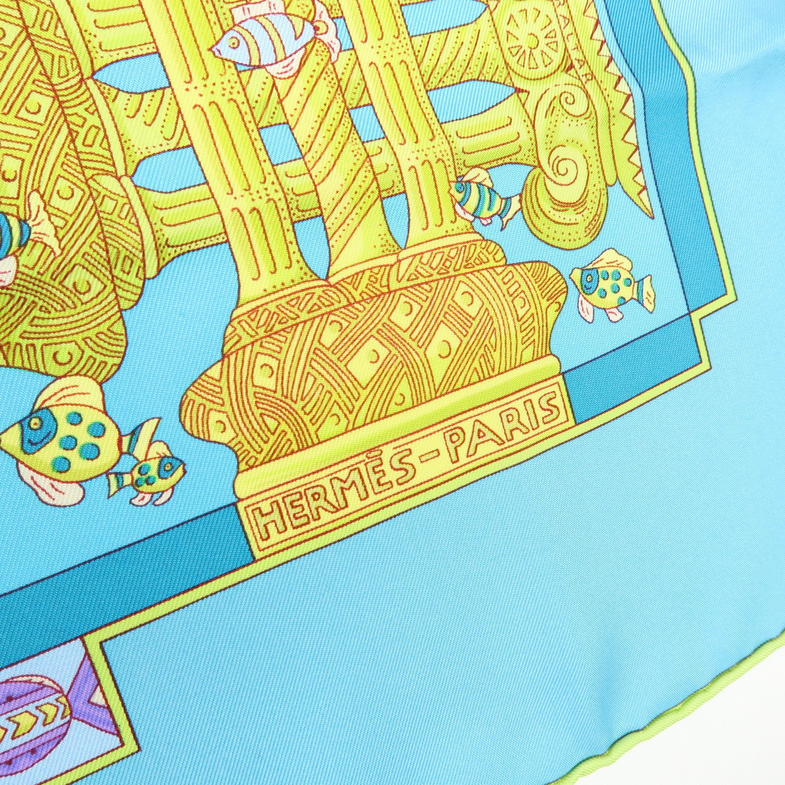 HERMES Carre 90 Silk 100% Scarf RENCONTRE OCEANE Light Blue Yellow