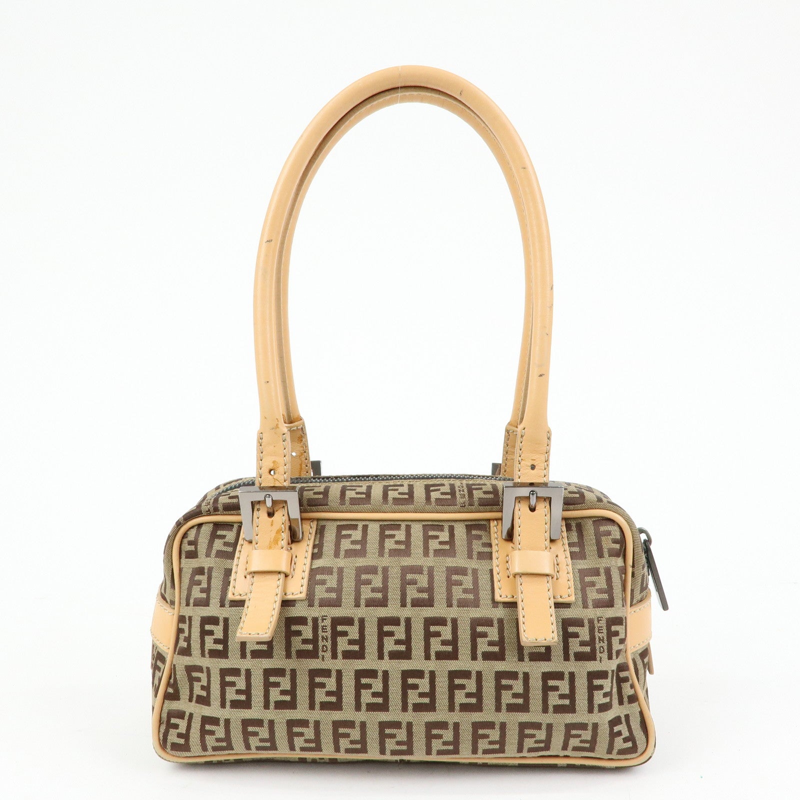 FENDI Zucchino Canvas Leather Small Boston Hand Bag Brown 8BN004