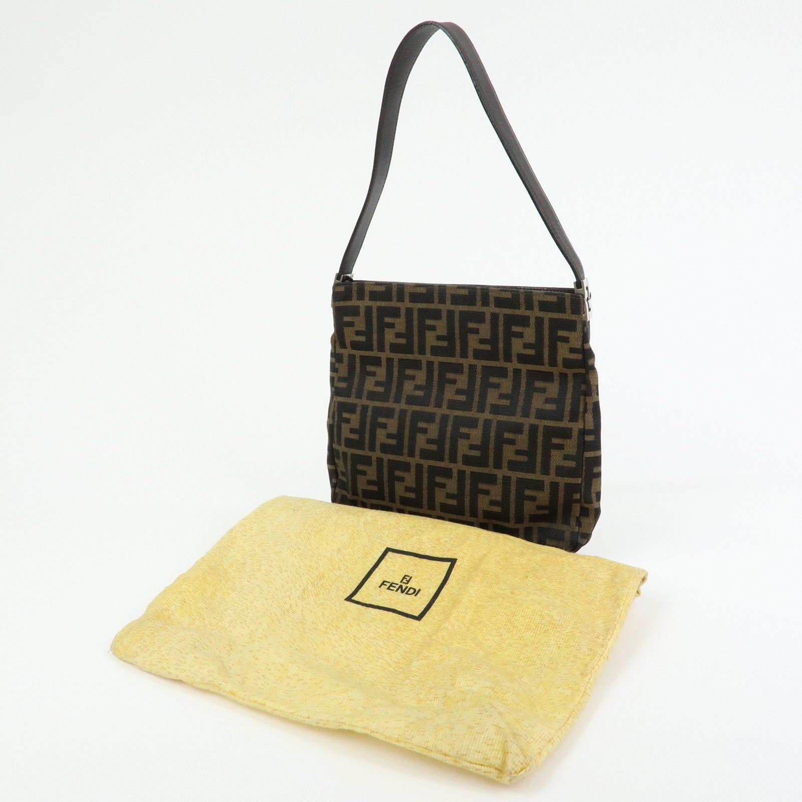 FENDI Zucca Canvas Leather Shoulder Bag Brown