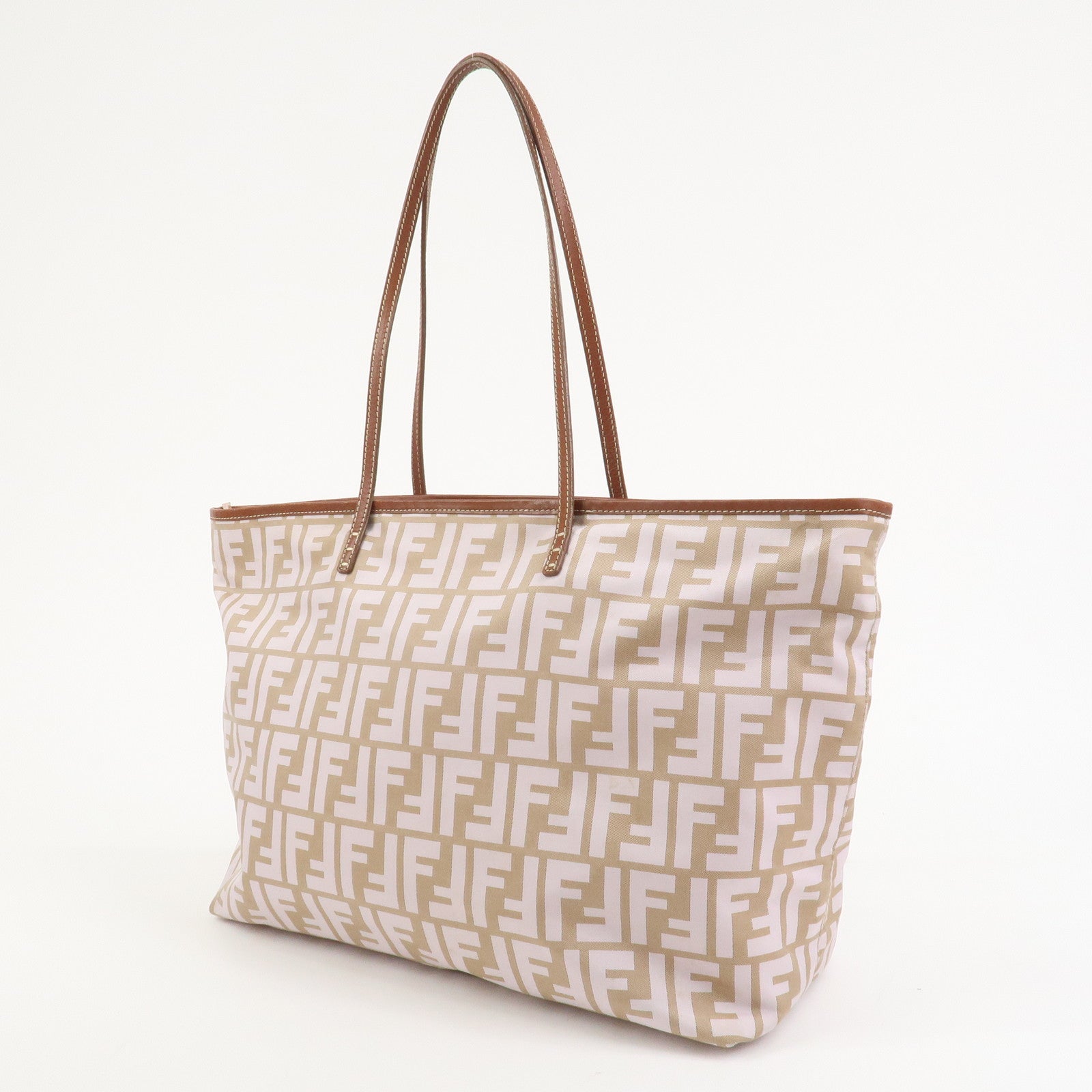 FENDI Zucca Nylon Leather Tote Bag Shoulder Bag Brown Pink 8BH185