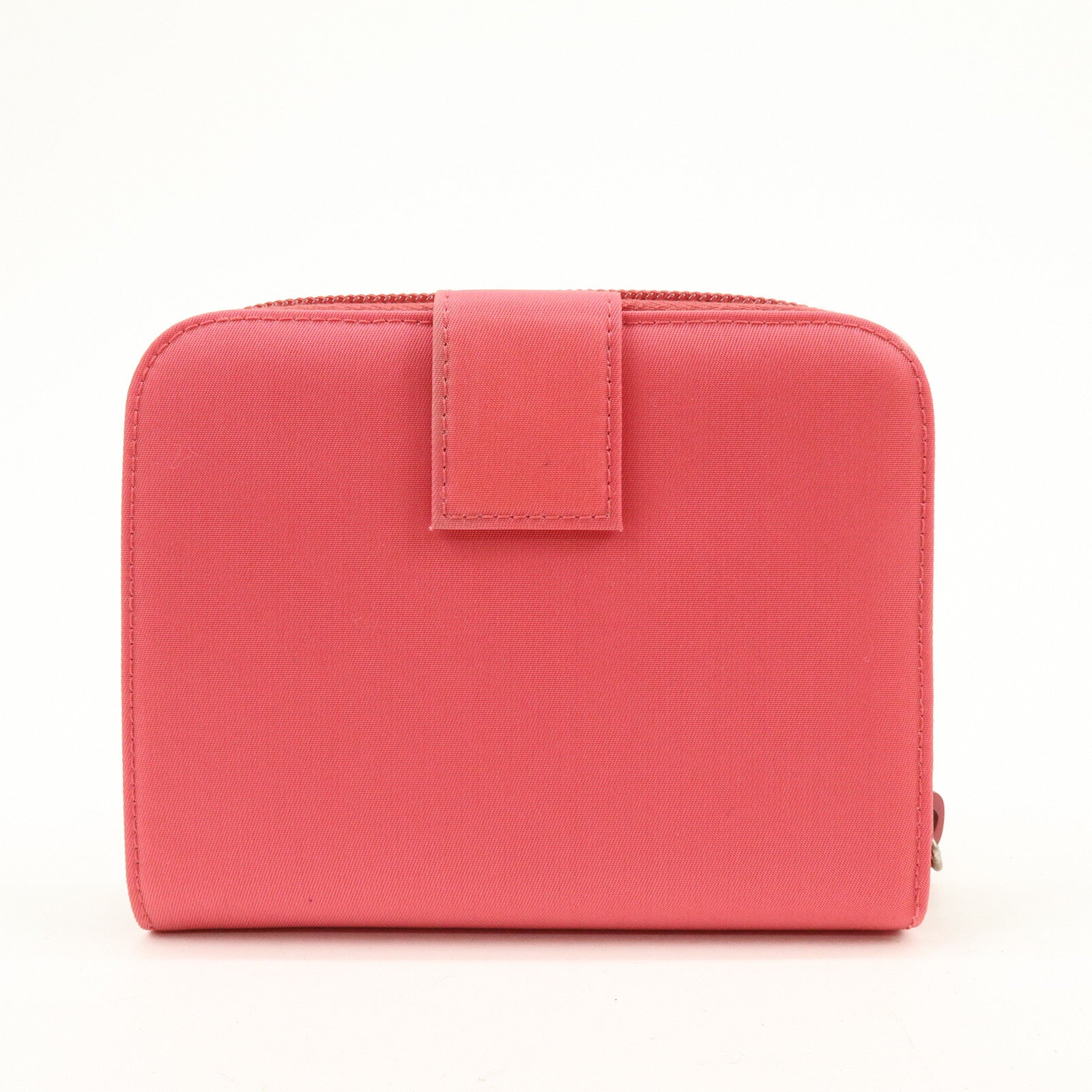 PRADA Triangle Logo Nylon Leather Round Zippy Compact Wallet Pink