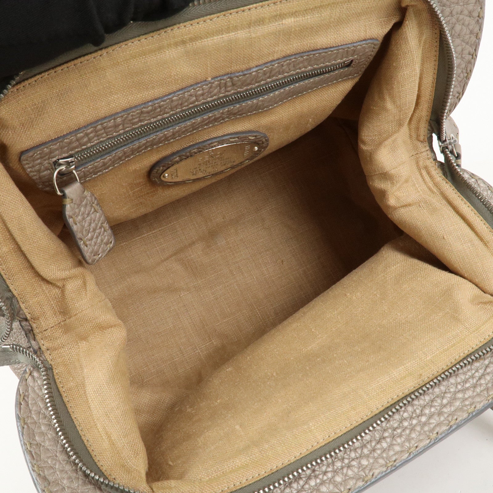 FENDI Selleria Logo Leather Boston Bag Hand Bag Greige 8BN127