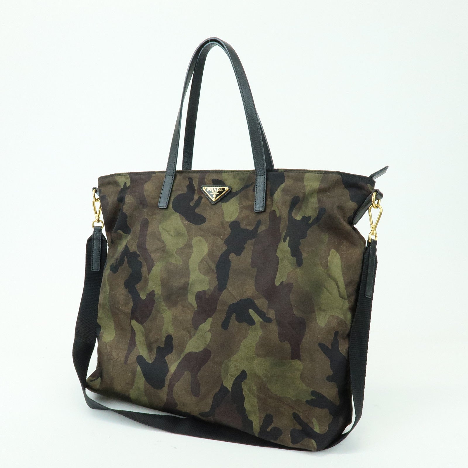 PRADA Triangle Logo Nylon Saffiano Leather 2Way Hand Shoulder Bag Khaki