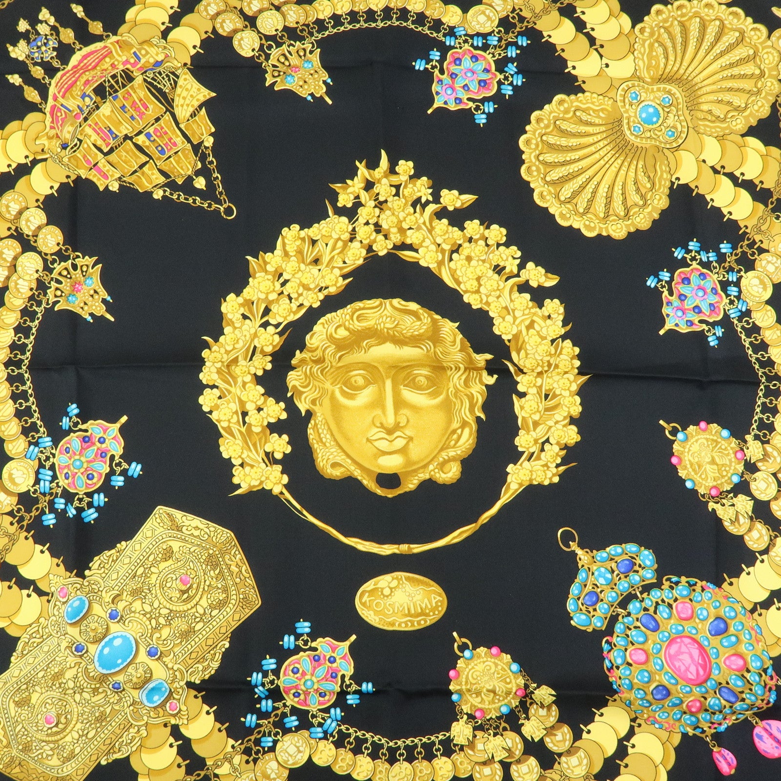 HERMES Carre 90 Silk 100 % Scarf  KOSMIMA Black Yellow