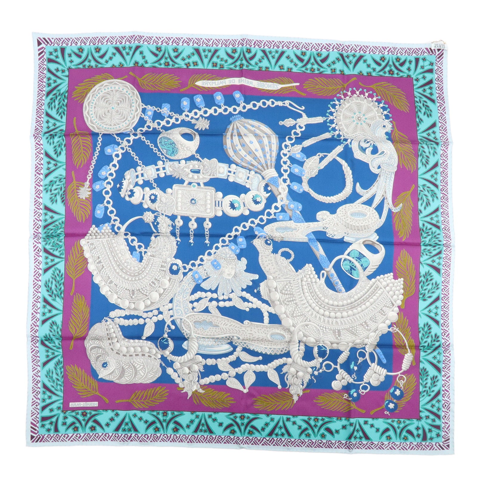 HERMES Carre 90 Silk 100% Scarf ZENOBIE REINE DE PALMYRE Blue