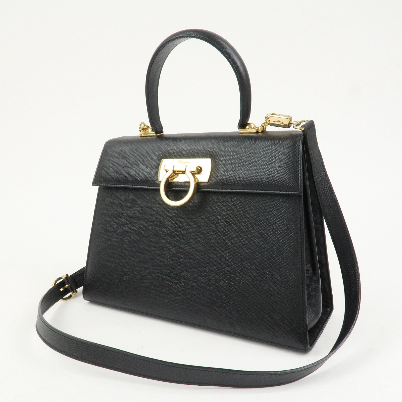 Ferragamo Gancini Leather 2Way Bag Shoulder Bag Hand Bag Black