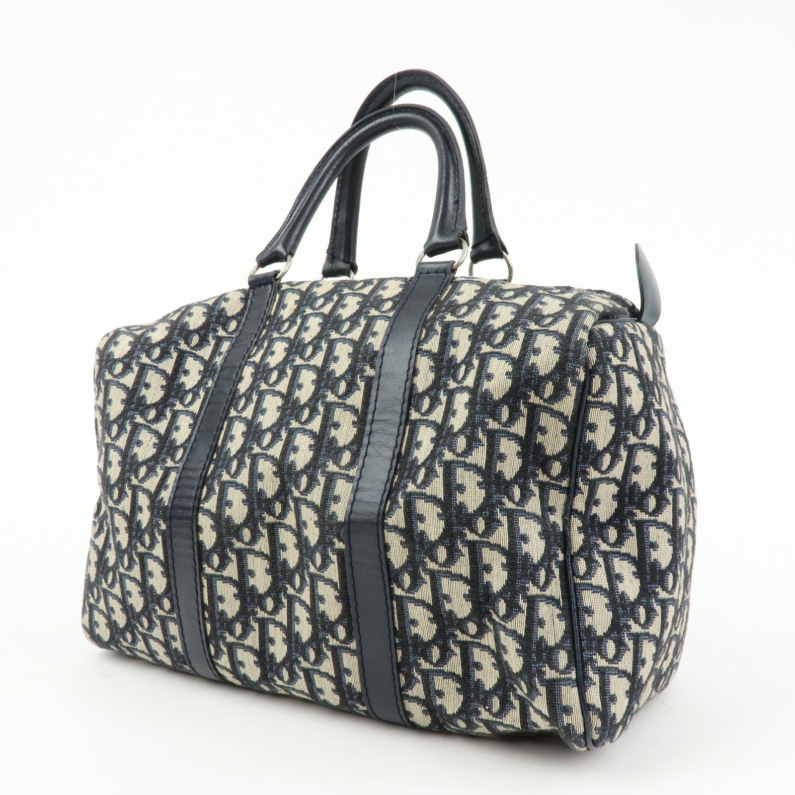 Christian Dior Trotter Jacquard Leather Boston Bag Hand Bag Navy