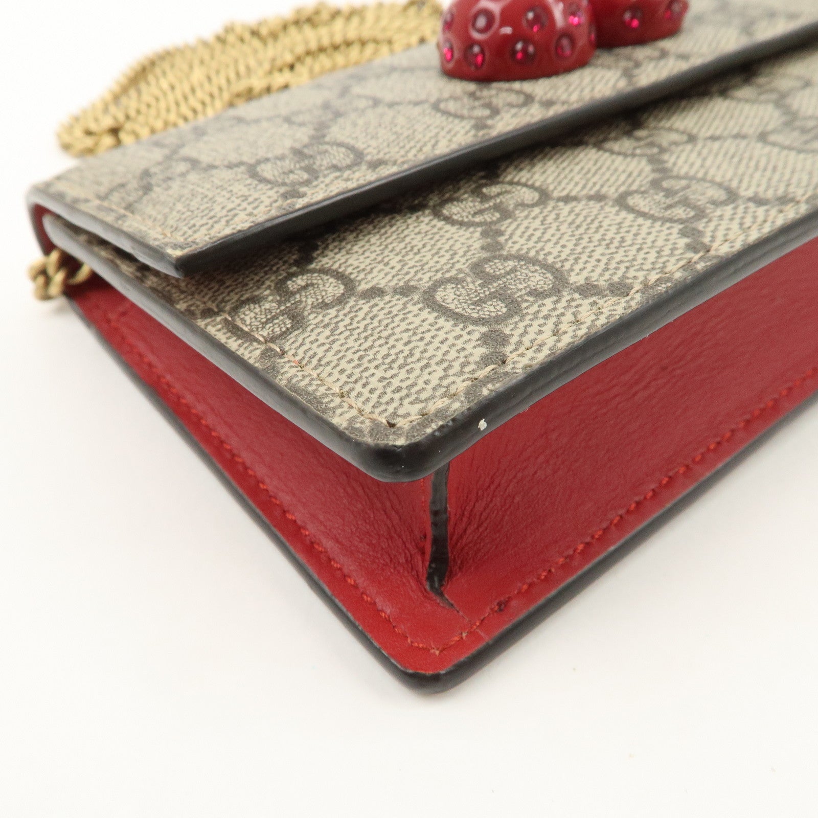 GUCCI GG Supreme Leather Cherry Chain Shoulder Bag Beige Red 481291