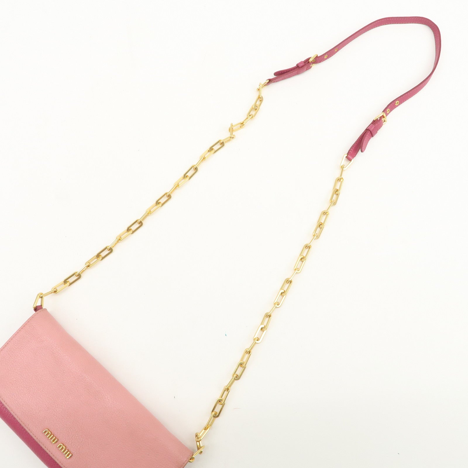 MIU MIU Logo Leather WOC Chain Shoulder Long Wallet Pink 5M1290