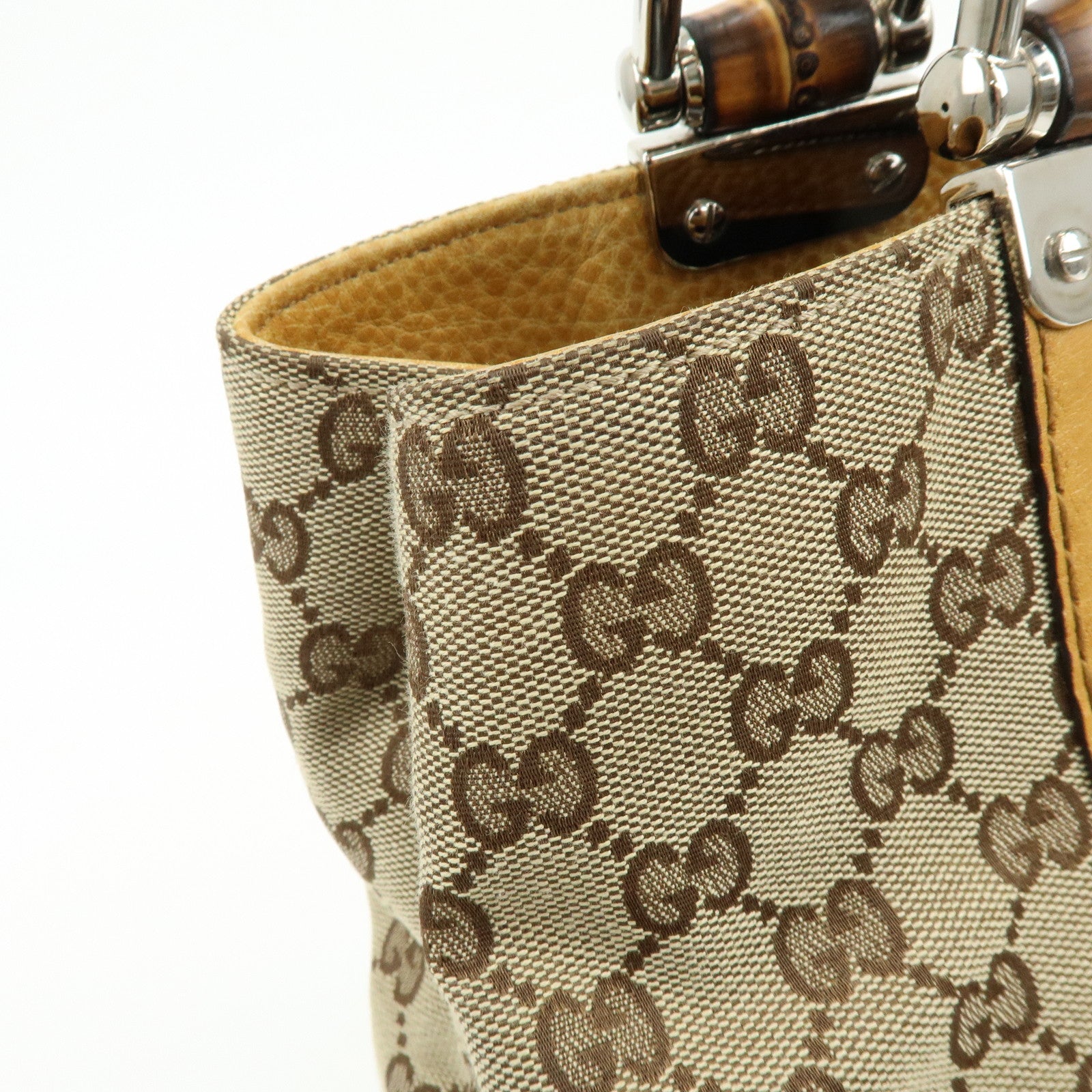 GUCCI Bamboo GG Canvas Leather Tote Bag Beige Yellow 232947