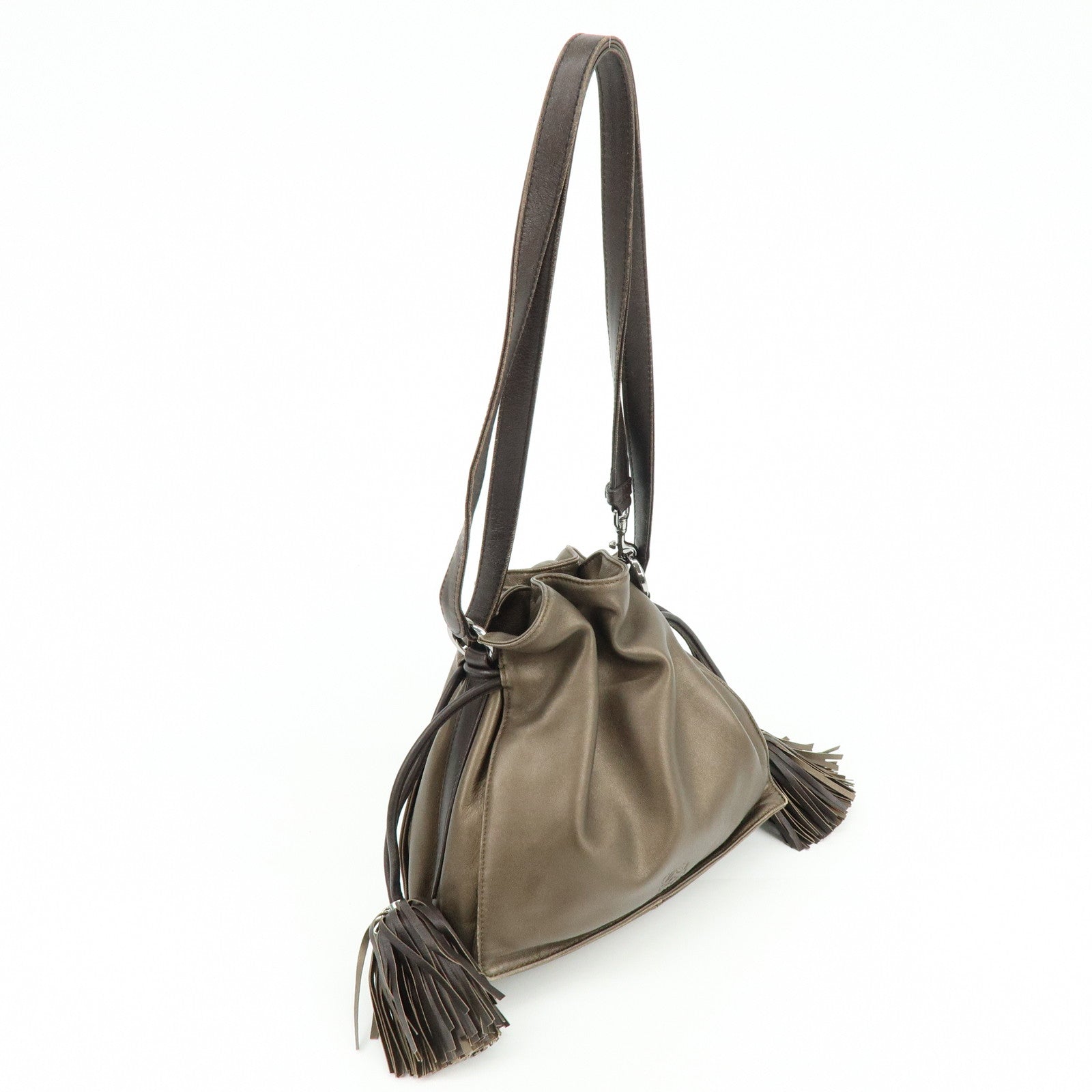 LOEWE Anagram Nappa Leather Drawstring Fringe Shoulder Bag Brown