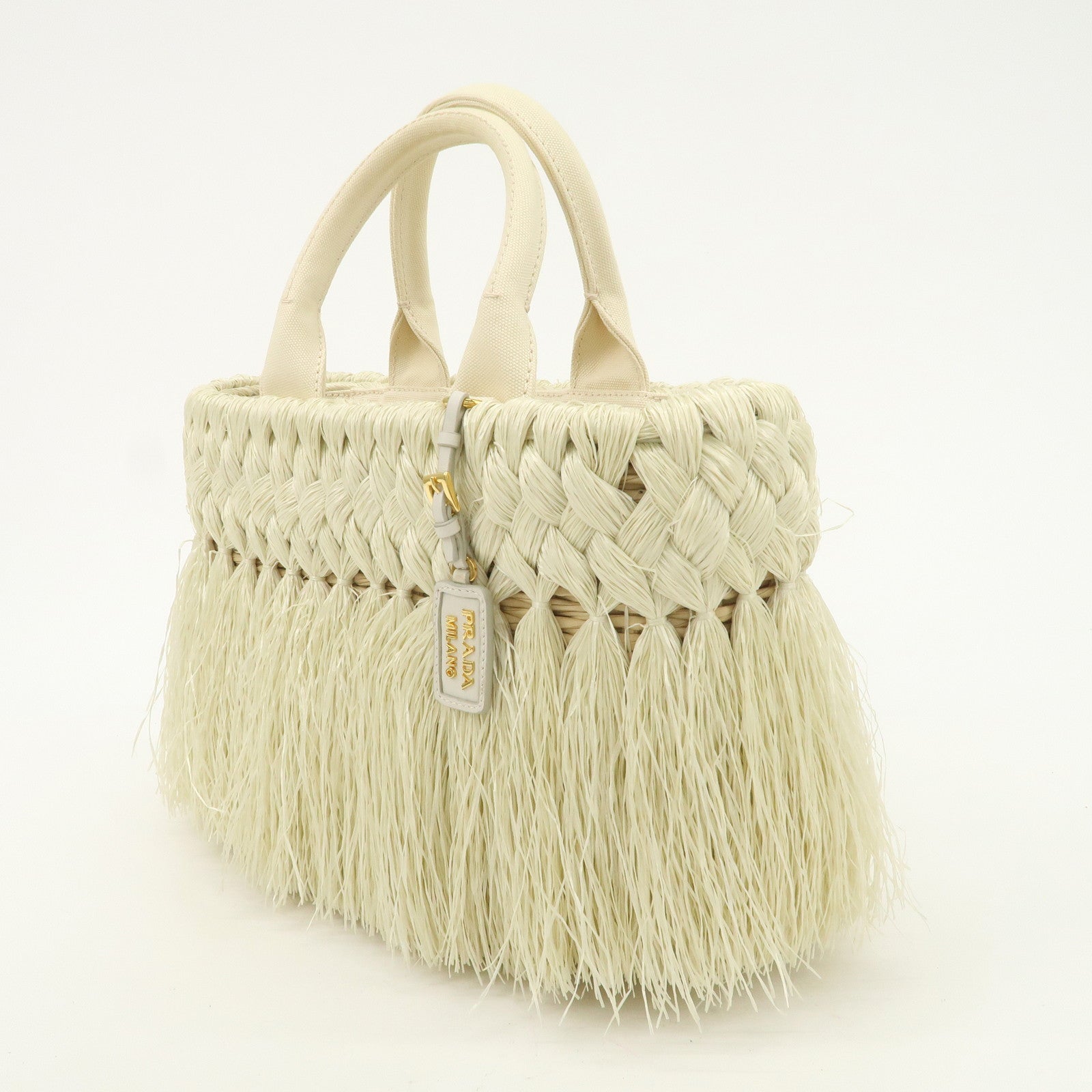 PRADA Logo Raffia Canvas Straw Hand Bag White Gold Charm1BG089