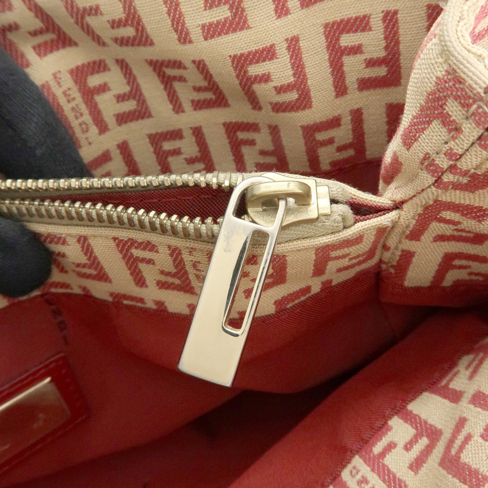 FENDI Zucchino Canvas Leather Hand Bag Tote Bag Beige Red 8BH132