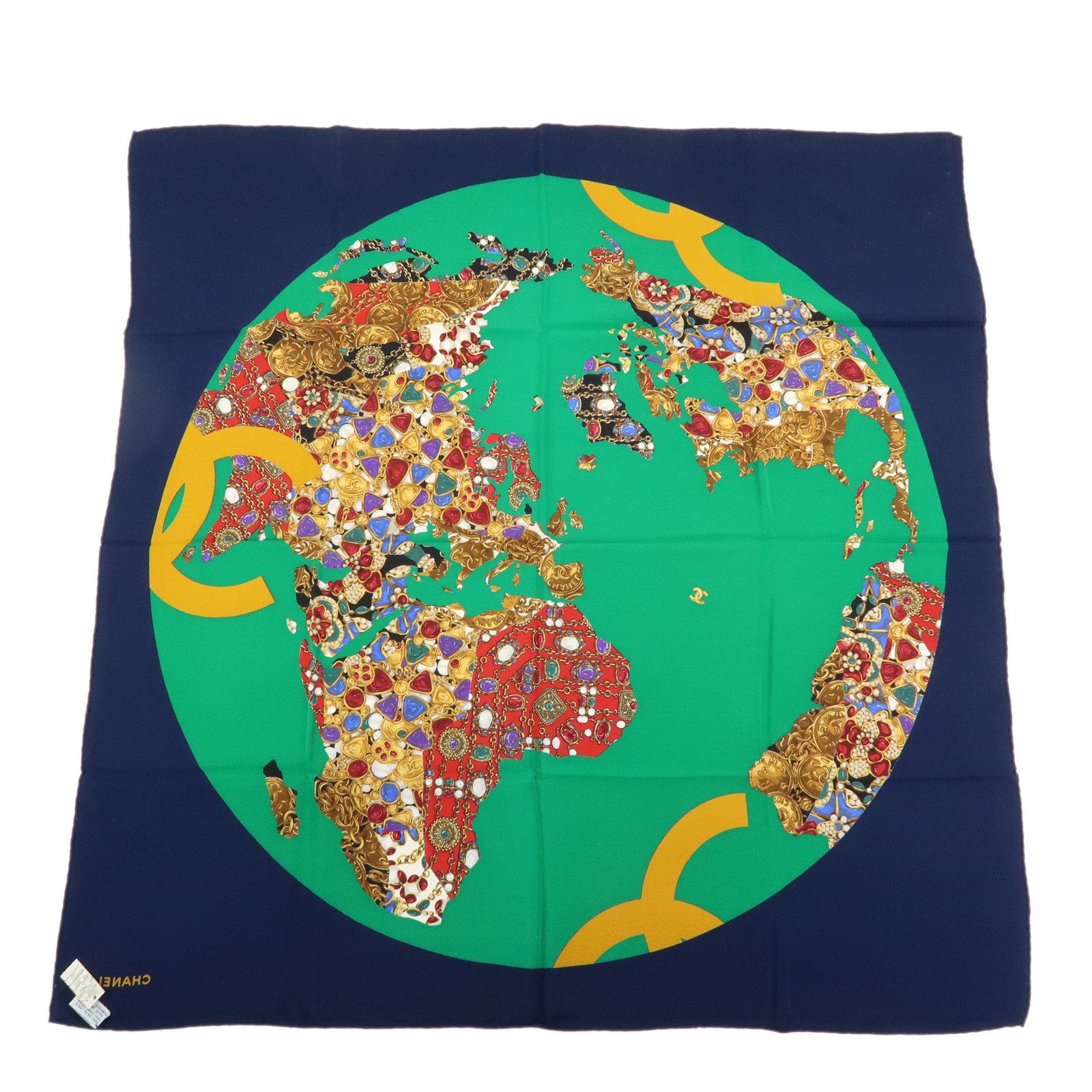 CHANEL Silk 100% Scarf Bijou 86cm×86cm Navy Green