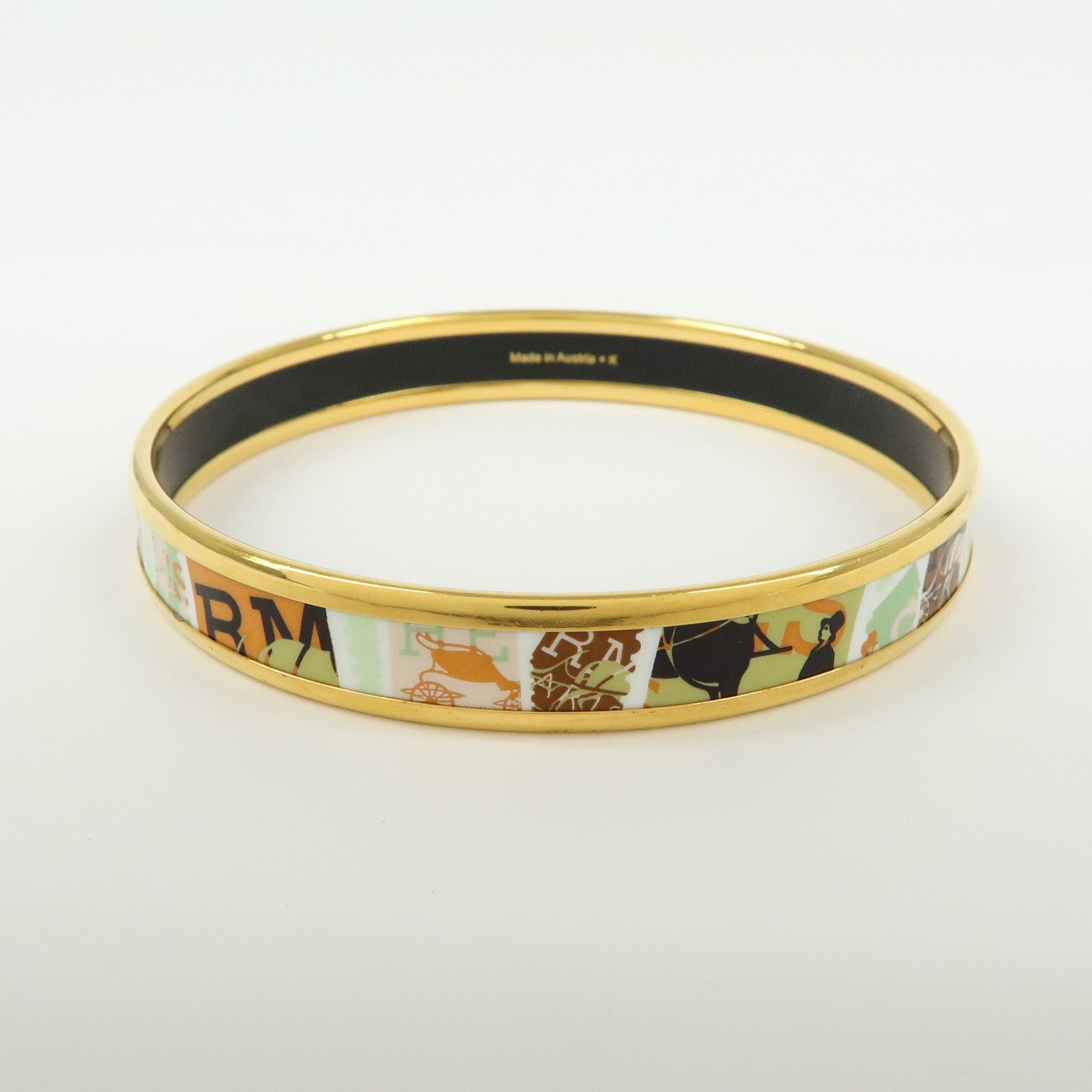 HERMES Email PM Gold Plated Bracelet Bangle Light Green Orange Gold