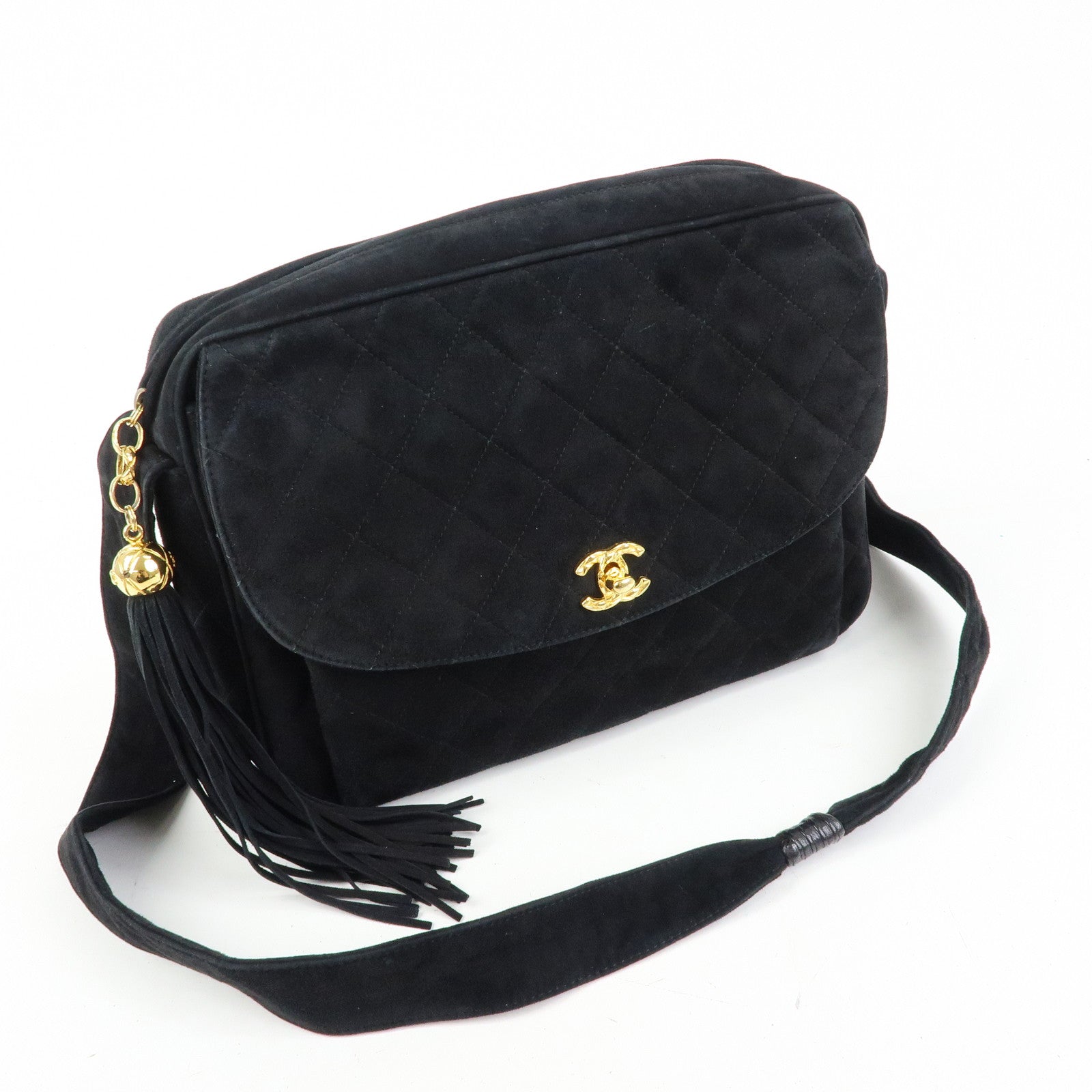 CHANEL Matelasse COCO Mark Suede Shoulder Crossbody Bag Black