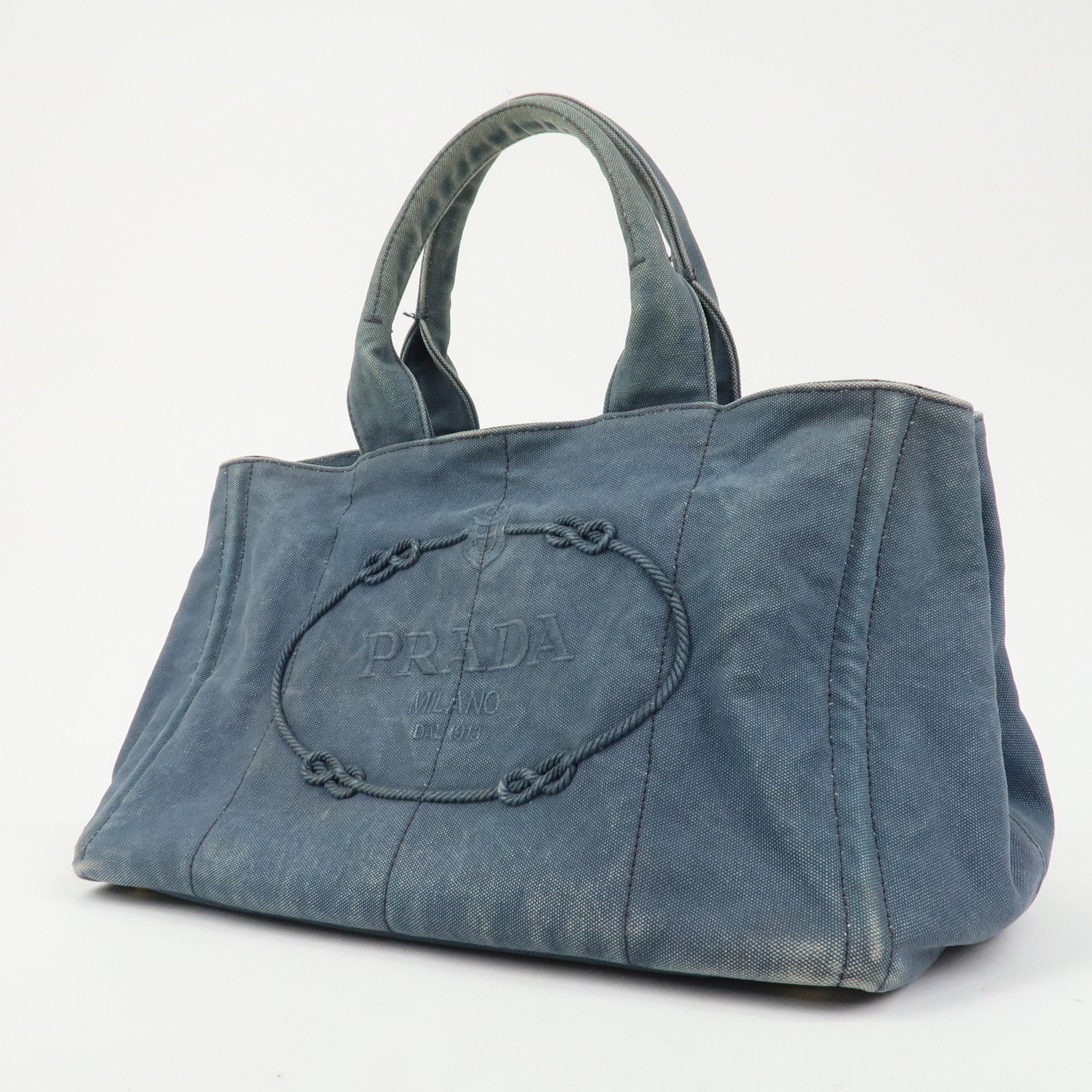 PRADA Logo Canapa Canvas Tote Bag Hand Bag Blue B1877B