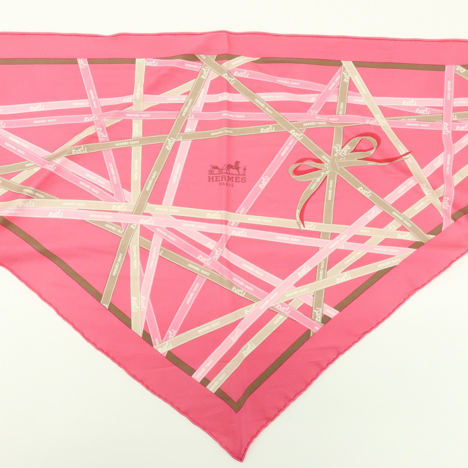 HERMES Pointu Silk 100% Scarf Ribbon Print Pink Beige