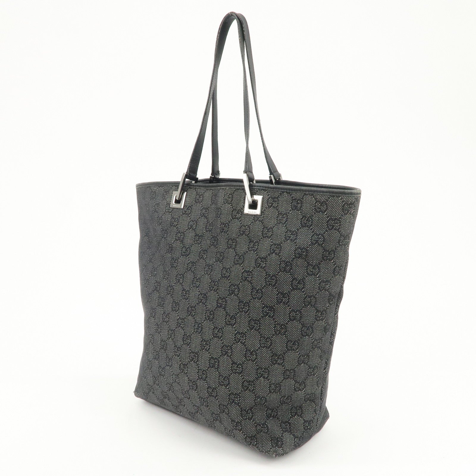 GUCCI GG Monogram Denim Leather Tote Bag Shoulder Bag Black 31243