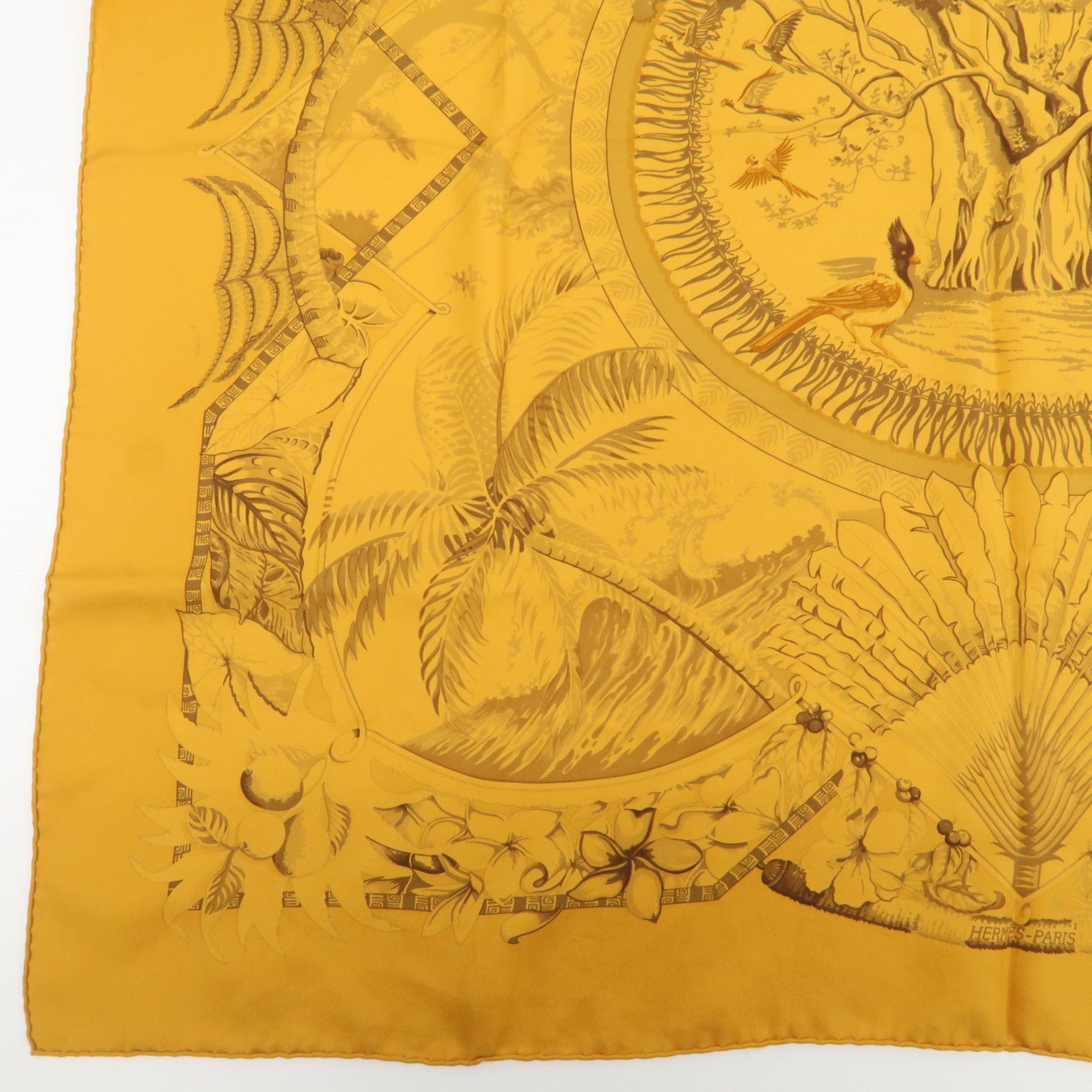 HERMES Carre 90 Silk 100% Aloha Hawaiian Print Scarf Orange