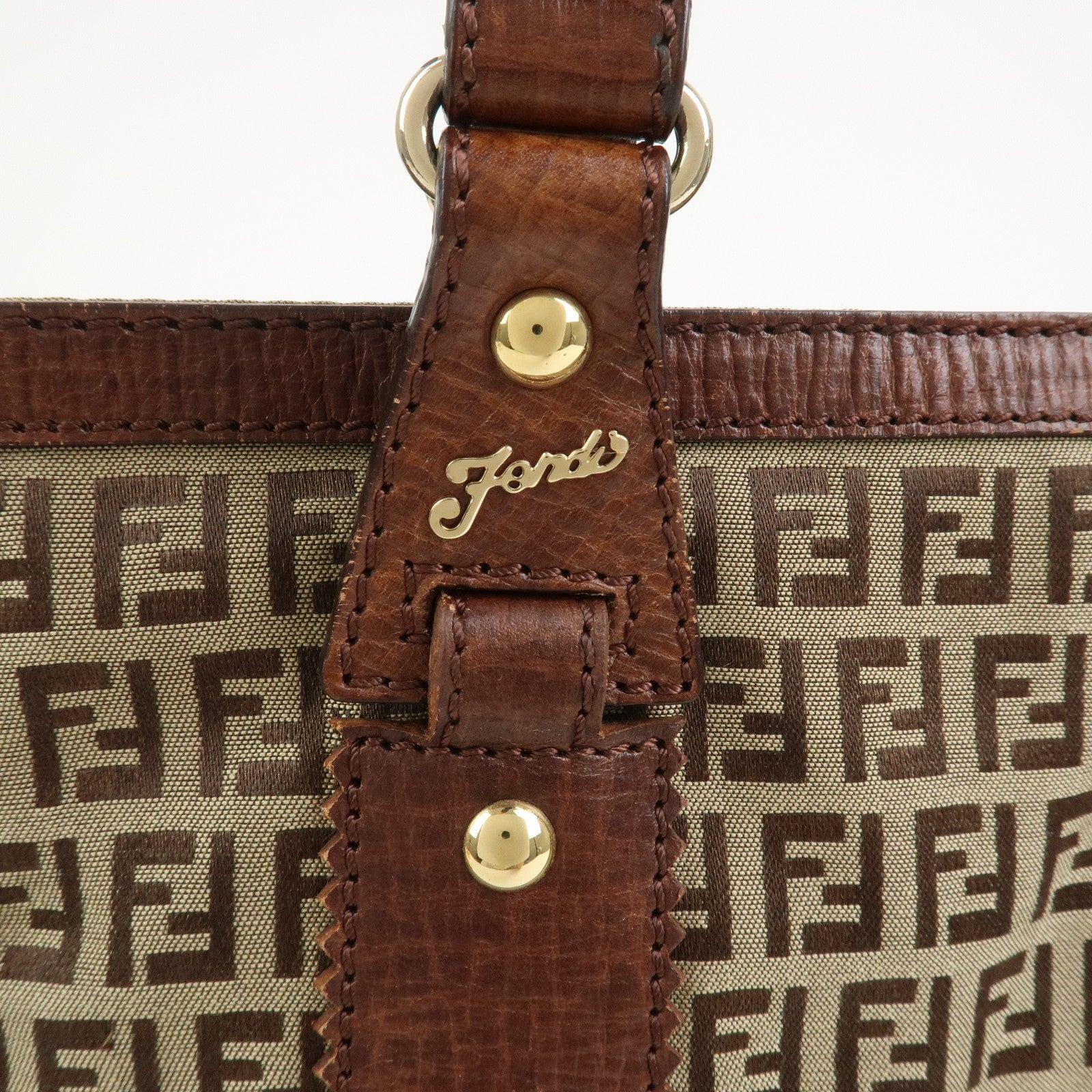 FENDI Zucchino Canvas Leather Tote Bag Shoulder Bag Brown 8BH161