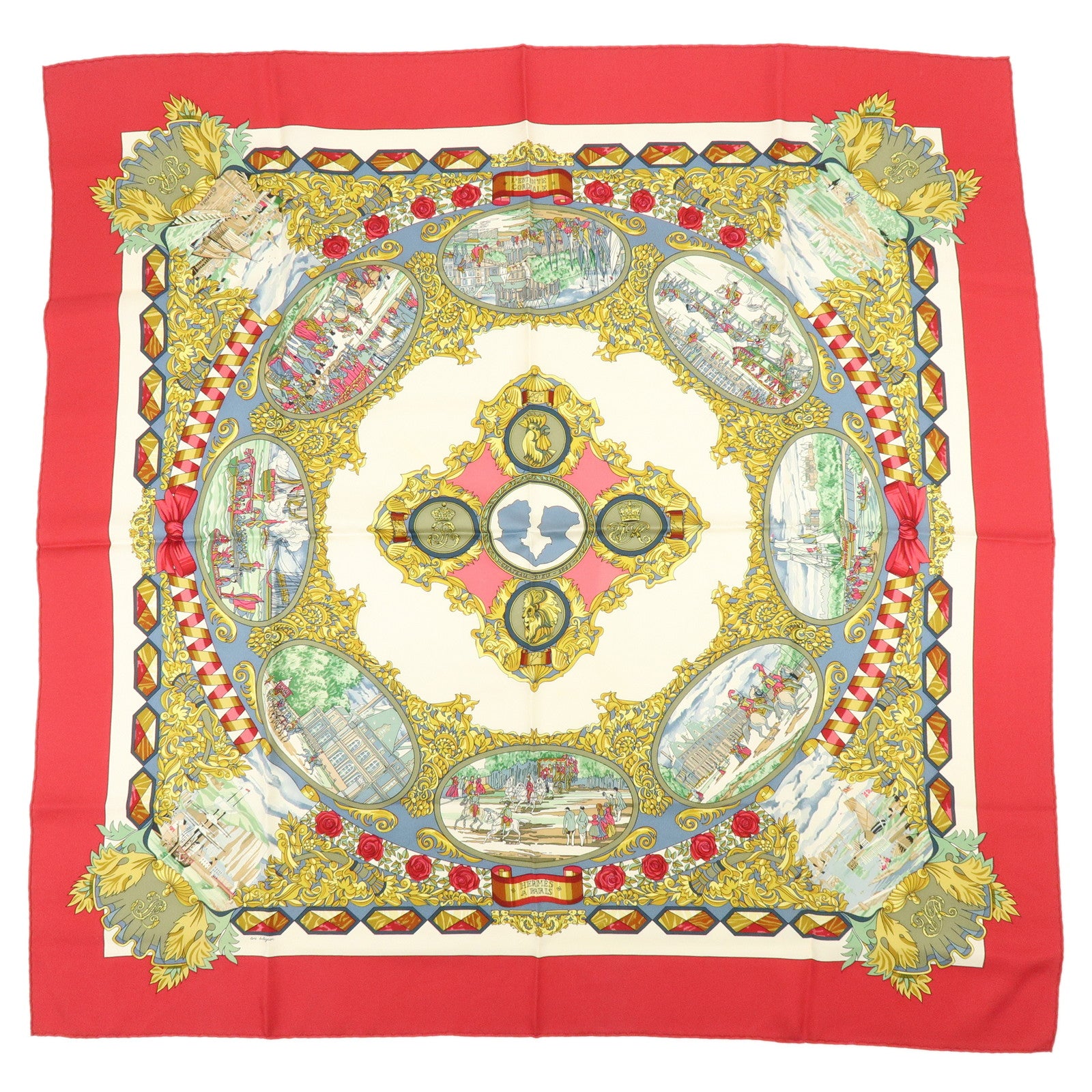 HERMES Carre 90 Silk 100% Scarf L'ENTENTE CORDIALE Red Ivory