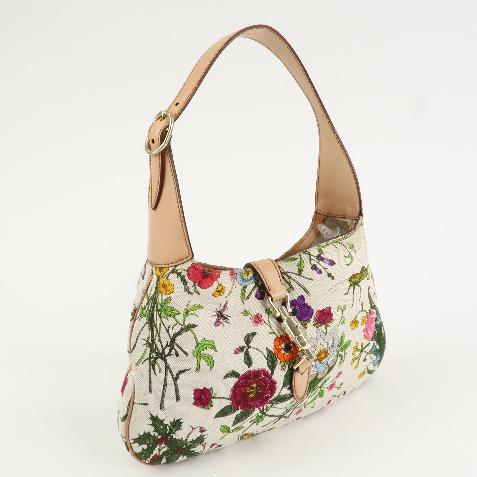 GUCCI New Jackie Flora Canvas Leather Shoulder Bag Multicolor Used