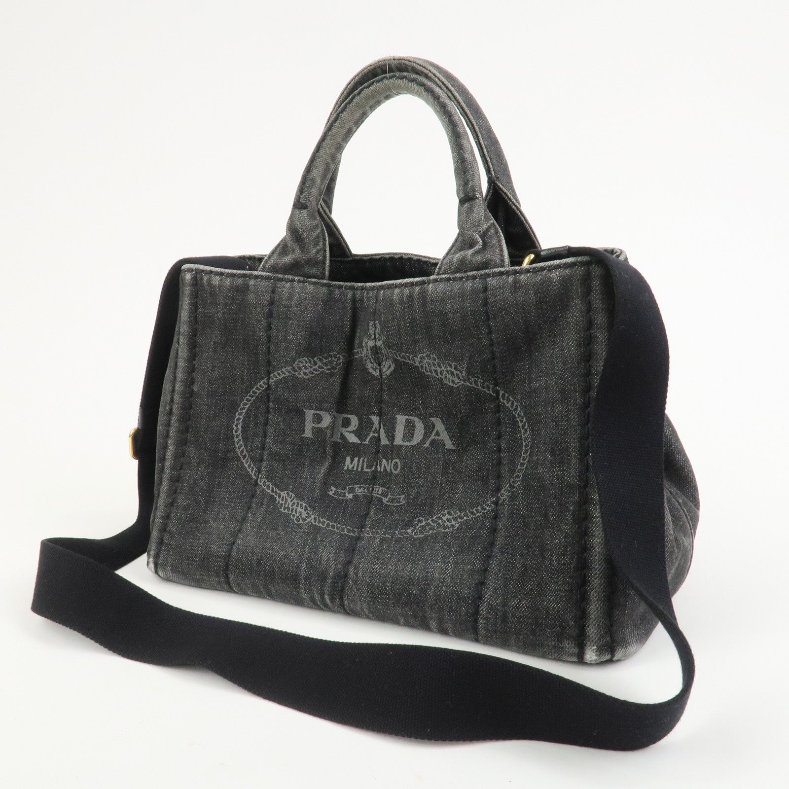 PRADA Canapa Mini Canvas Denim 2Way Shoulder Hand Bag Black B2439G