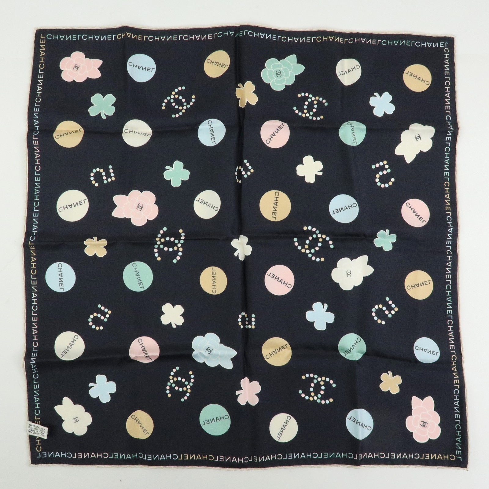 CHANEL No.5 Silk 100% Scarf Black Multicolor