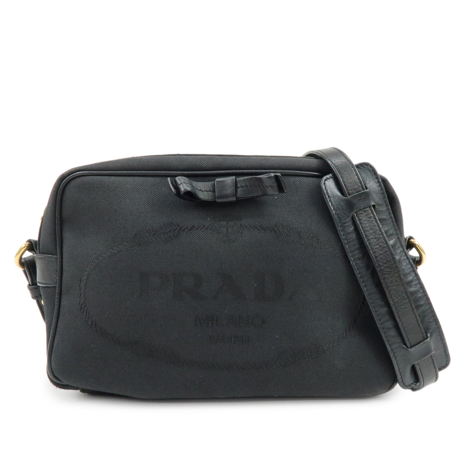 PRADA Triangle Logo Jacquard Leather Shoulder Bag Black 1BH089
