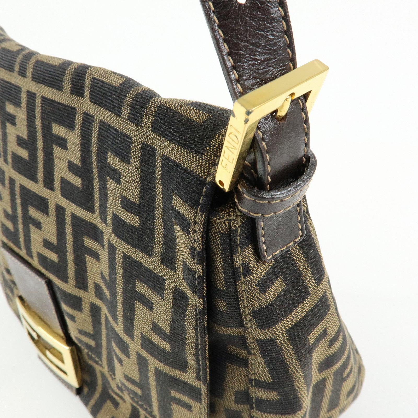 FENDI Mamma Baguette Zucca Canvas Leather Shoulder Bag Brown 26325