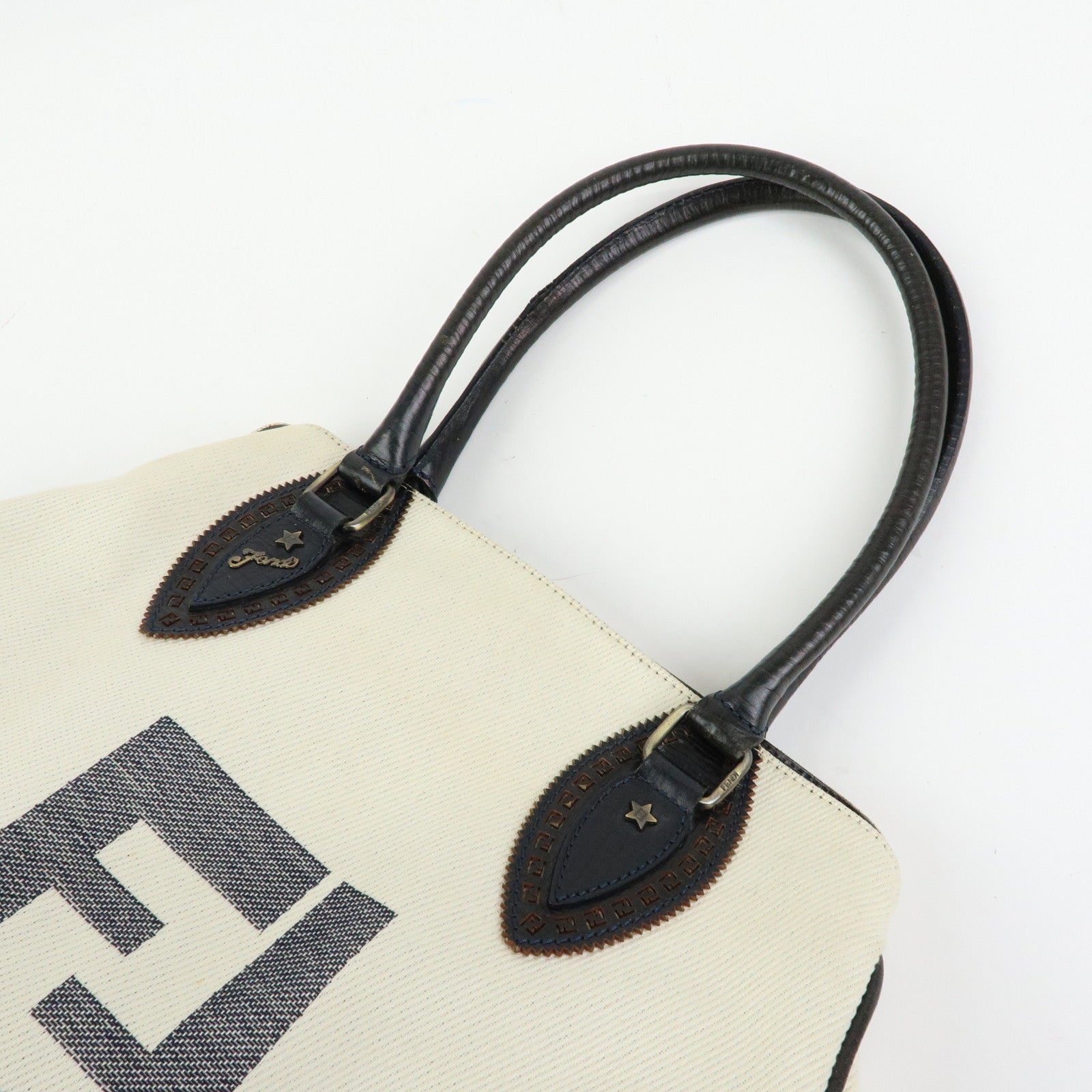 FENDI Etnico Denim Leather Tote Bag Ivory Dark Brown 8BN158