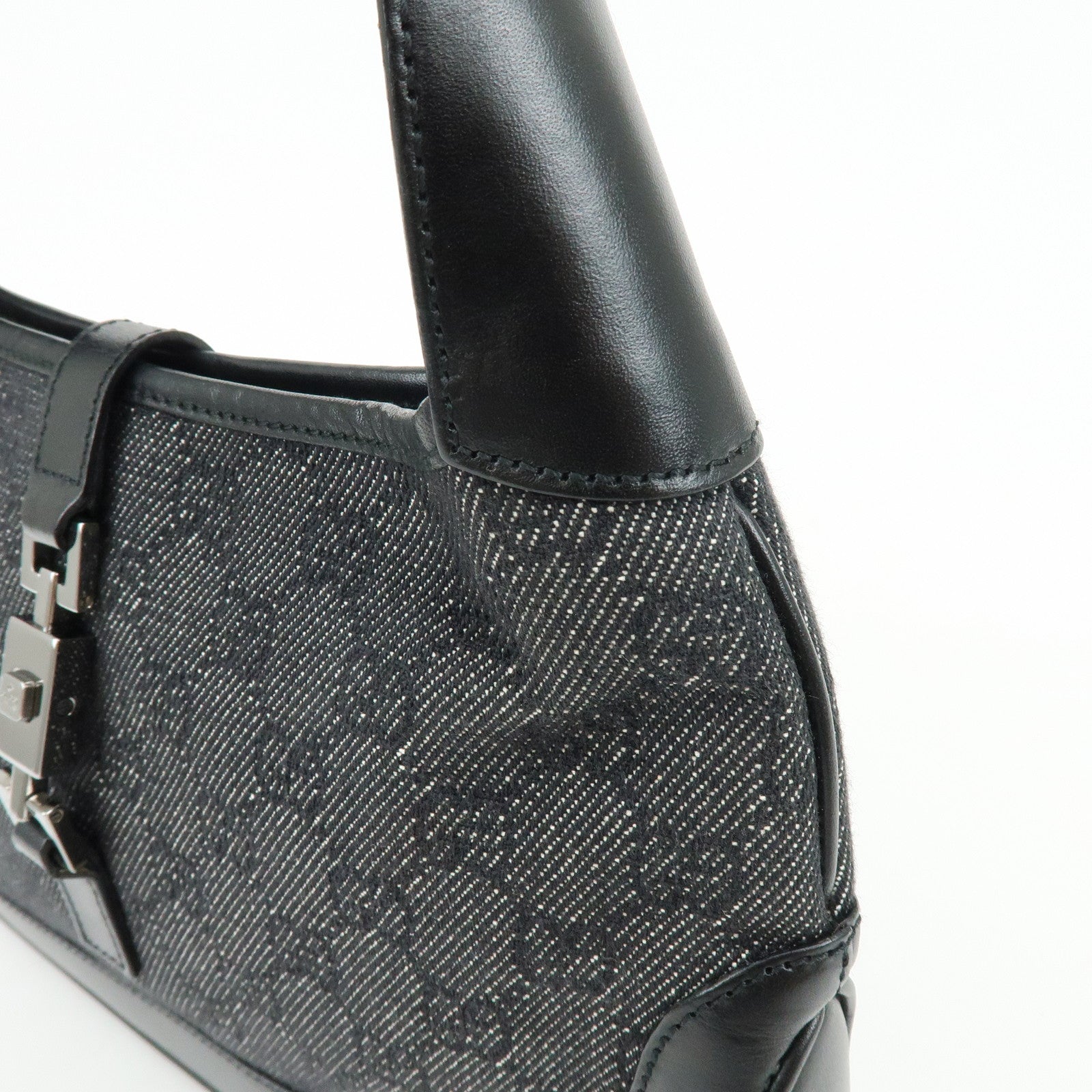 GUCCI Jackie GG Denim Leather Shoulder Bag Black 01147・001013