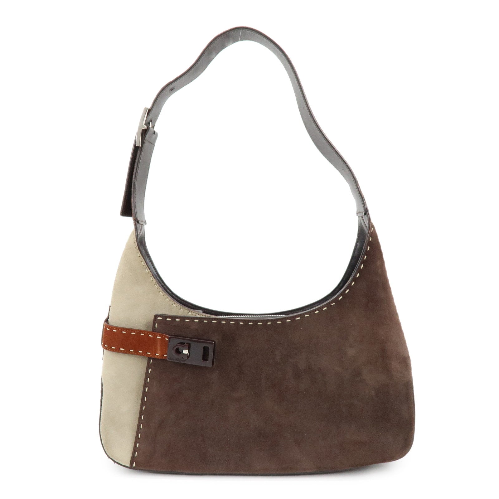 Ferragamo Gancini Suede Leather Shoulder Bag Hand Bag Brown Beige