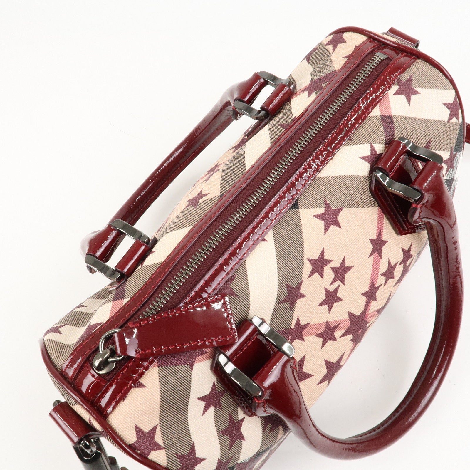 BURBERRY PVC Canvas Patent Leather Boston Bag Beige Bordeaux