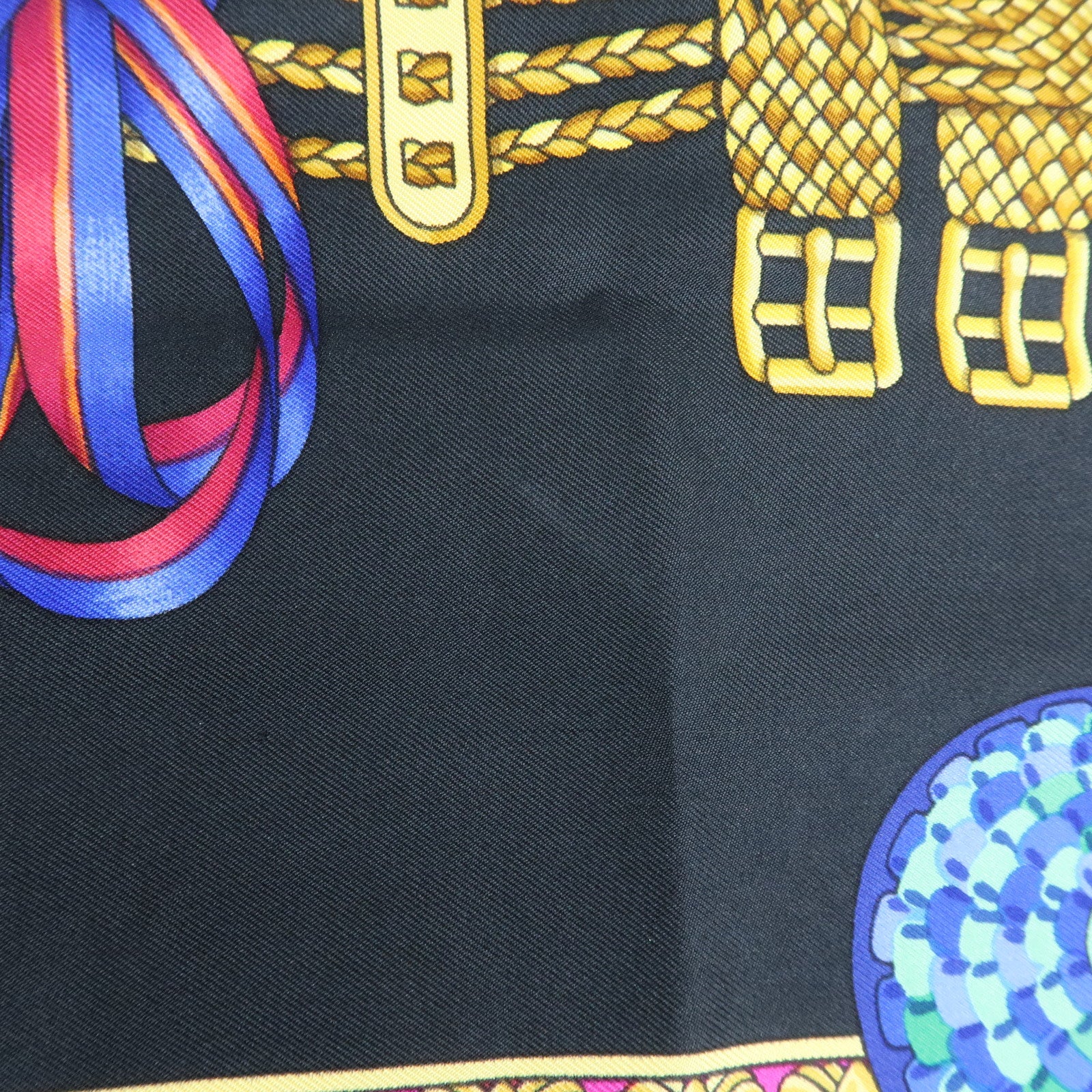 HERMES Carre 90 Silk 100% LES RUBANS DU CHEVAL Scarf Black Yellow