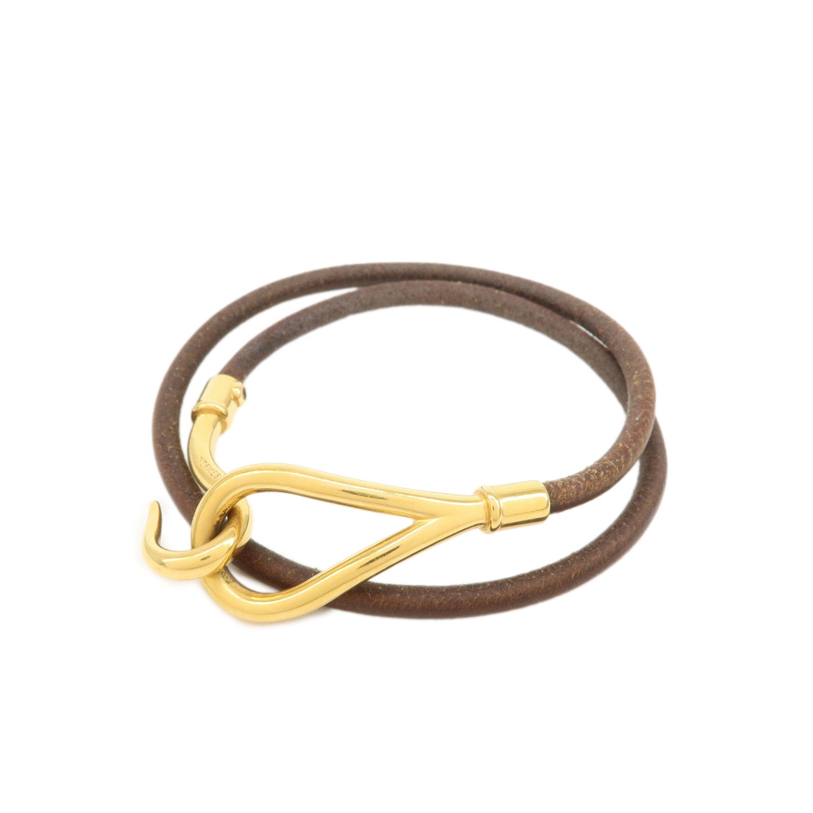 HERMES Logo Leather Metal Jumbo Choker Bracelet Brown
