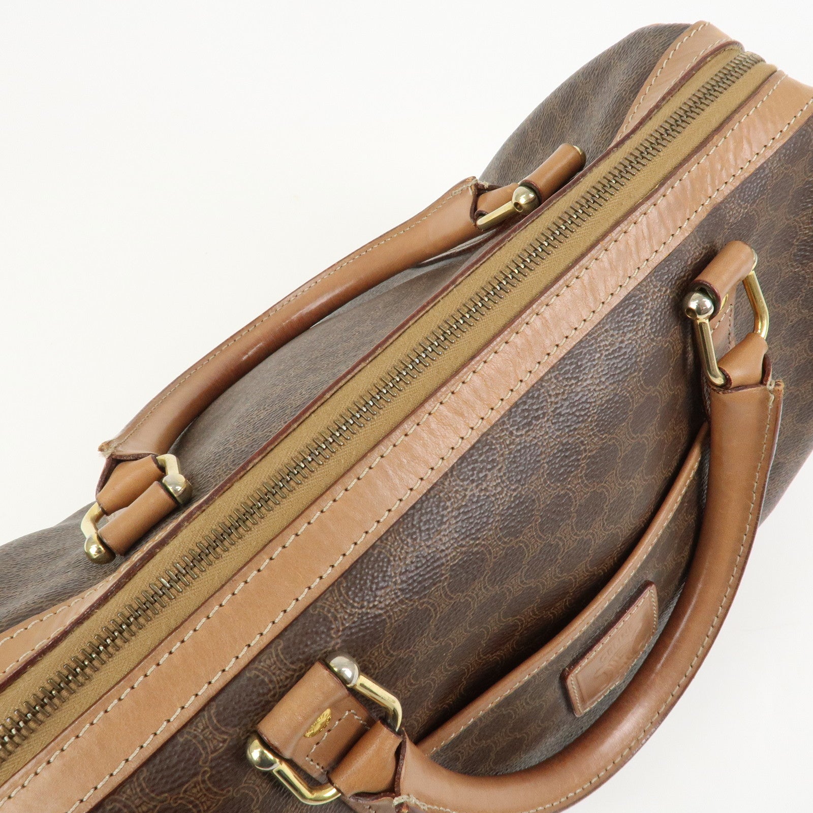 CELINE Macadam Logo PVC Leather Boston Bag Hand Bag Brown