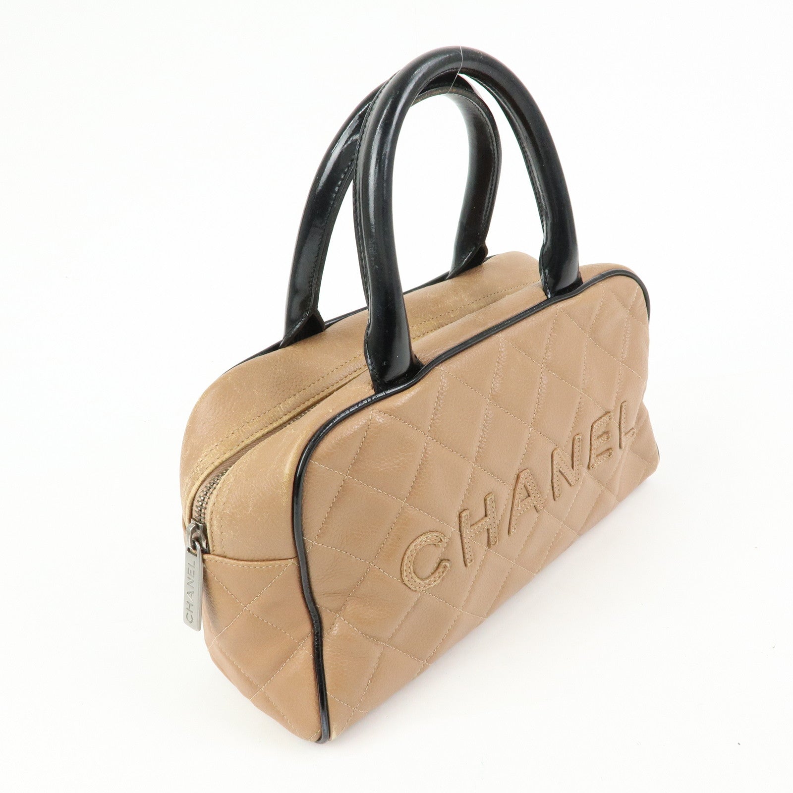 CHANEL Caviarskin Patent Leather Mini Boston Hand Bag Brown Black