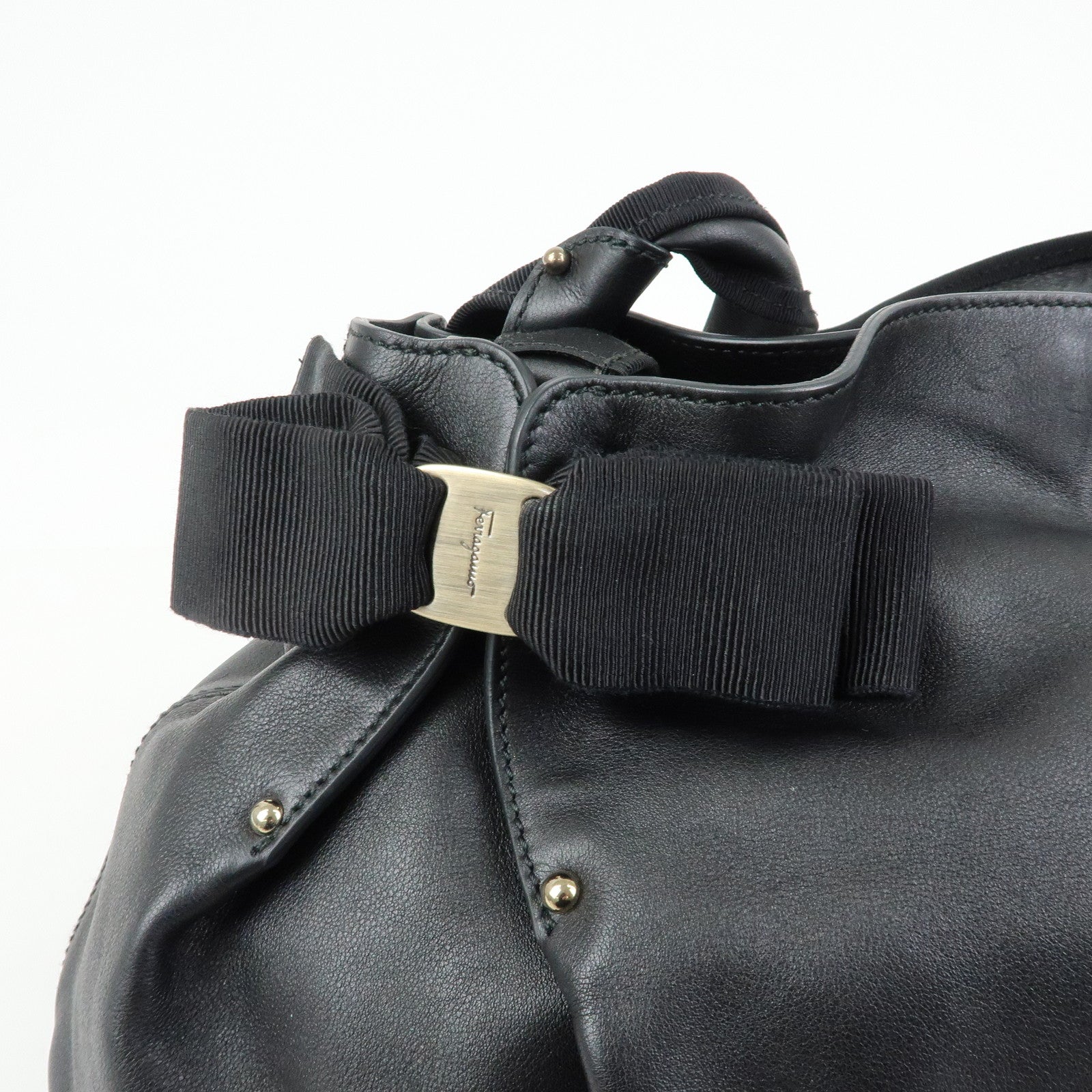 Ferragamo Vara Ribbon Leather Tote Bag Shoulder Bag Hand Bag Black
